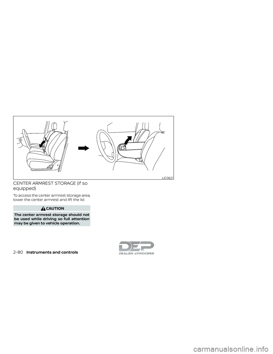 NISSAN TITAN 2018  Owner´s Manual CENTER ARMREST STORAGE (if so
equipped)
To access the center armrest storage area,
lower the center armrest and lif t the lid.
CAUTION
The center armrest storage should not
be used while driving so fu