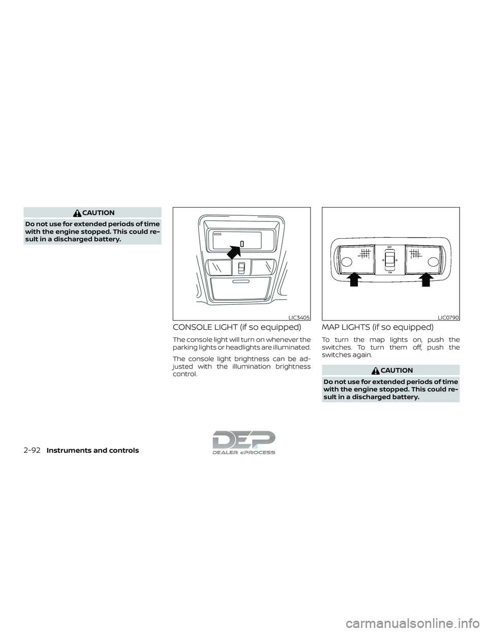 NISSAN TITAN 2018 Owner´s Manual CAUTION
Do not use for extended periods of time
with the engine stopped. This could re-
sult in a discharged battery.
CONSOLE LIGHT (if so equipped)
The console light will turn on whenever the
parking NISSAN TITAN 2018 Owner´s Manual CAUTION
Do not use for extended periods of time
with the engine stopped. This could re-
sult in a discharged battery.
CONSOLE LIGHT (if so equipped)
The console light will turn on whenever the
parking
