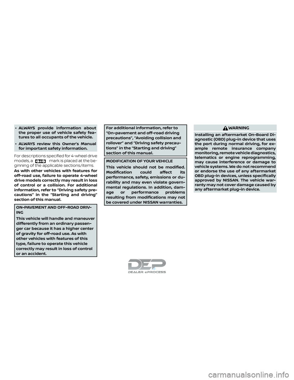 NISSAN TITAN 2018 Owner´s Manual ∙ ALWAYS provide information aboutthe proper use of vehicle safety fea-
tures to all occupants of the vehicle.
∙ ALWAYS review this Owner’s Manual for important safety information.
For descripti NISSAN TITAN 2018 Owner´s Manual ∙ ALWAYS provide information aboutthe proper use of vehicle safety fea-
tures to all occupants of the vehicle.
∙ ALWAYS review this Owner’s Manual for important safety information.
For descripti