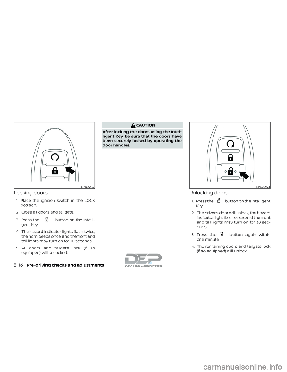 NISSAN TITAN 2018  Owner´s Manual Locking doors
1. Place the ignition switch in the LOCKposition.
2. Close all doors and tailgate.
3. Press the
button on the Intelli-
gent Key.
4. The hazard indicator lights flash twice, the horn beep