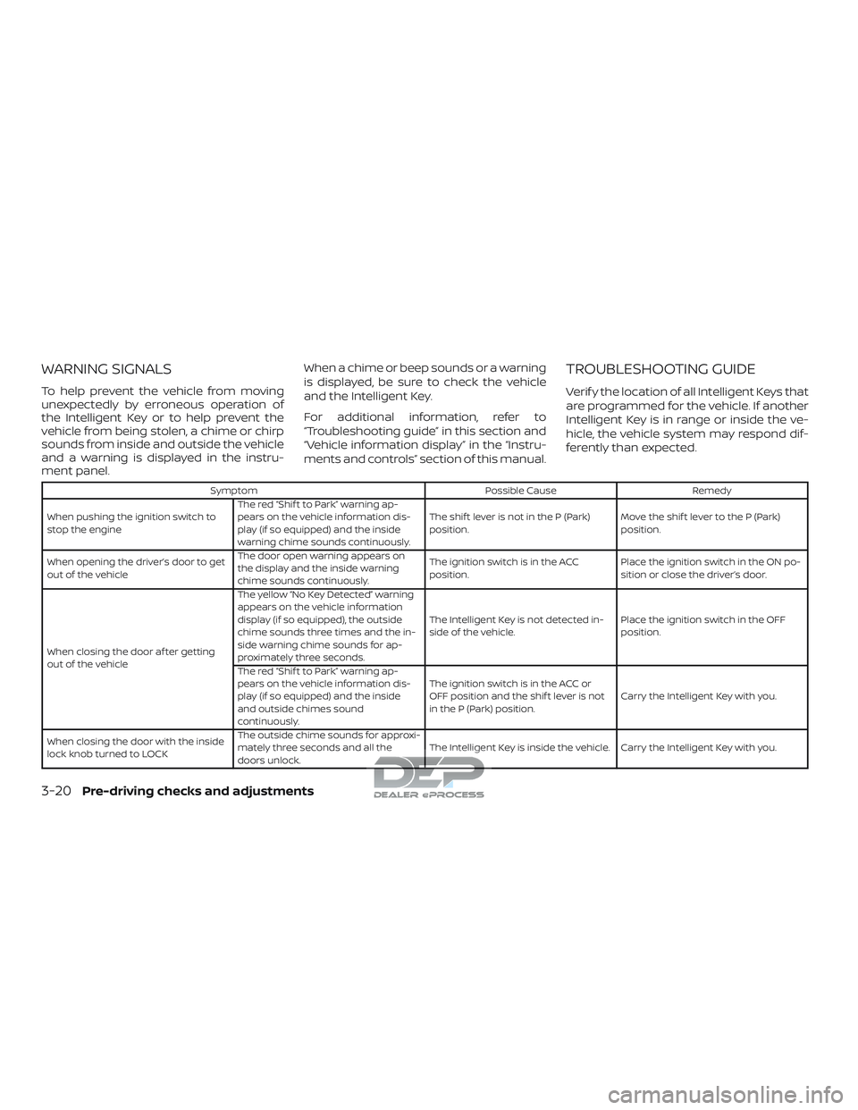 NISSAN TITAN 2018  Owner´s Manual WARNING SIGNALS
To help prevent the vehicle from moving
unexpectedly by erroneous operation of
the Intelligent Key or to help prevent the
vehicle from being stolen, a chime or chirp
sounds from inside