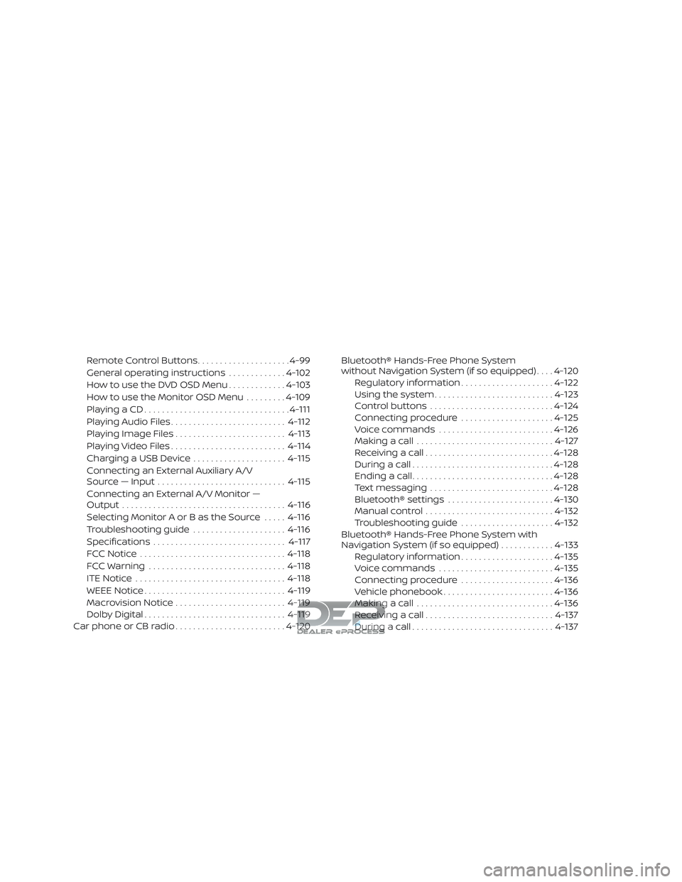NISSAN TITAN 2018 Owner´s Manual Remote Control Buttons.....................4-99
General operating instructions .............4-102
How to use the DVD OSD Menu .............4-103
How to use the Monitor OSD Menu .........4-109
Playinga NISSAN TITAN 2018 Owner´s Manual Remote Control Buttons.....................4-99
General operating instructions .............4-102
How to use the DVD OSD Menu .............4-103
How to use the Monitor OSD Menu .........4-109
Playinga