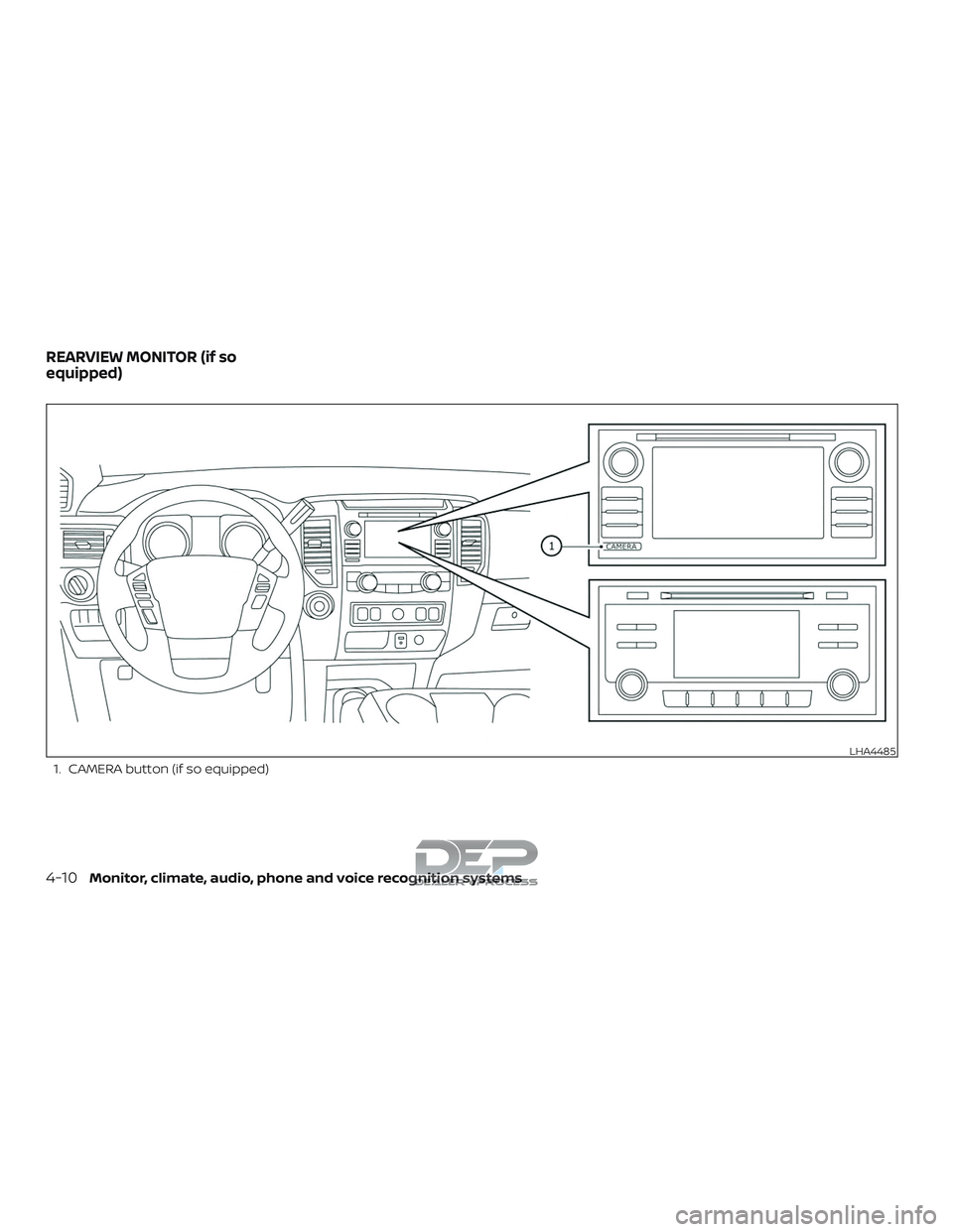 NISSAN TITAN 2018 Owner´s Manual 1. CAMERA button (if so equipped)
LHA4485
REARVIEW MONITOR (if so
equipped)
4-10Monitor, climate, audio, phone and voice recognition systems NISSAN TITAN 2018 Owner´s Manual 1. CAMERA button (if so equipped)
LHA4485
REARVIEW MONITOR (if so
equipped)
4-10Monitor, climate, audio, phone and voice recognition systems