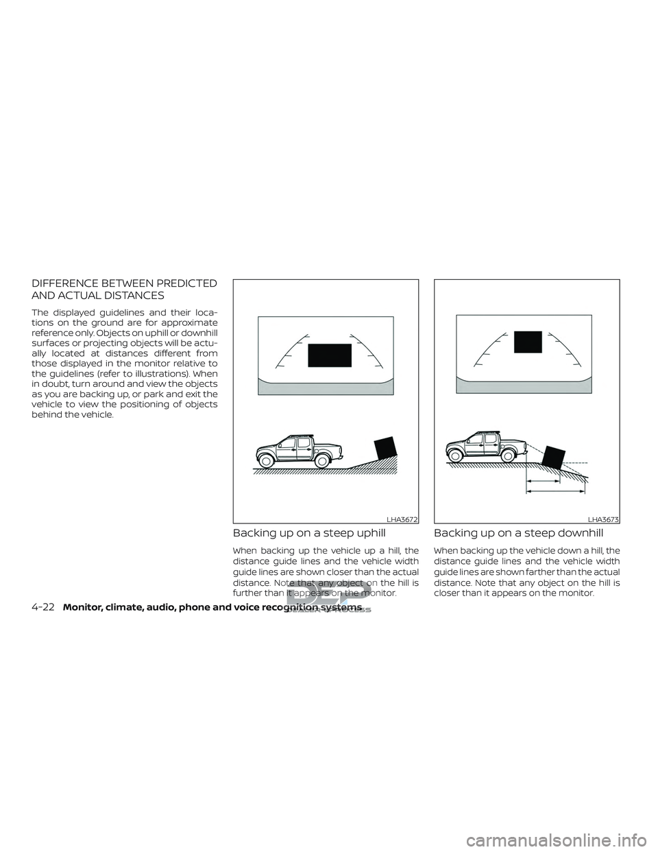 NISSAN TITAN 2018  Owner´s Manual DIFFERENCE BETWEEN PREDICTED
AND ACTUAL DISTANCES
The displayed guidelines and their loca-
tions on the ground are for approximate
reference only. Objects on uphill or downhill
surfaces or projecting 