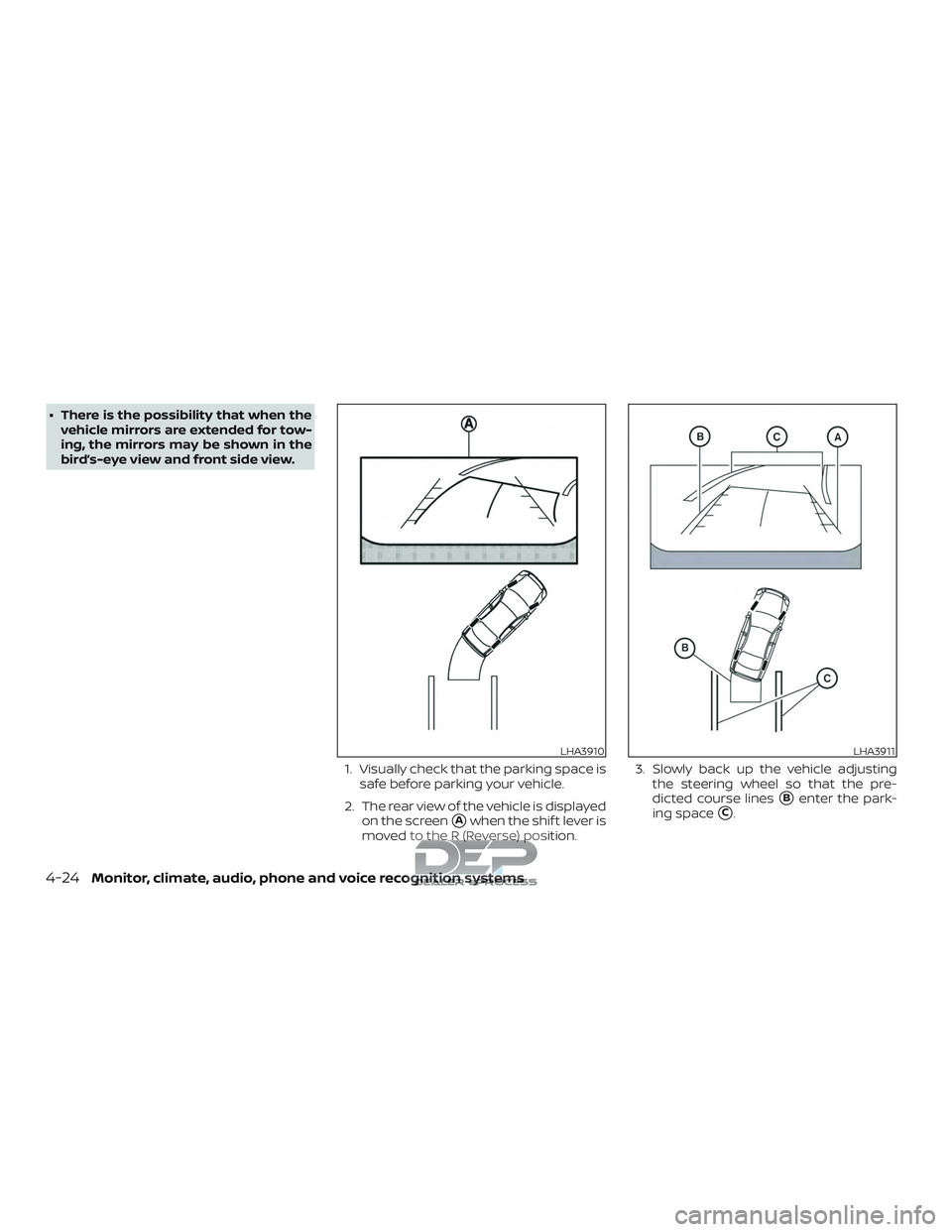 NISSAN TITAN 2018  Owner´s Manual ∙ There is the possibility that when thevehicle mirrors are extended for tow-
ing, the mirrors may be shown in the
bird’s-eye view and front side view.
1. Visually check that the parking space iss