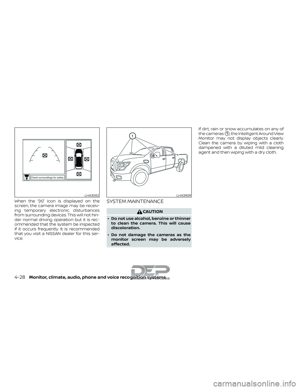 NISSAN TITAN 2018  Owner´s Manual When the “[X]” icon is displayed on the
screen, the camera image may be receiv-
ing temporary electronic disturbances
from surrounding devices. This will not hin-
der normal driving operation but 