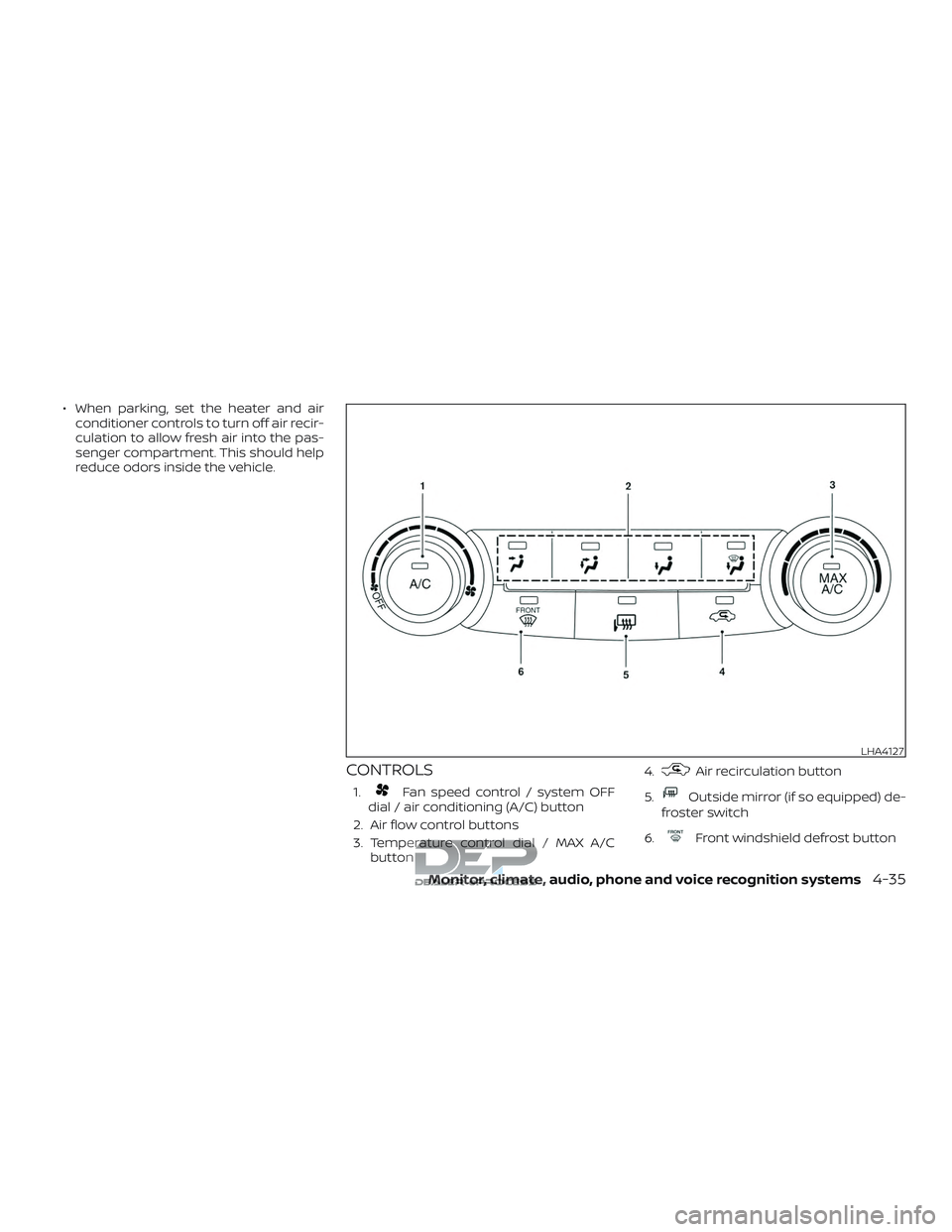 NISSAN TITAN 2018  Owner´s Manual ∙ When parking, set the heater and airconditioner controls to turn off air recir-
culation to allow fresh air into the pas-
senger compartment. This should help
reduce odors inside the vehicle.
CONT