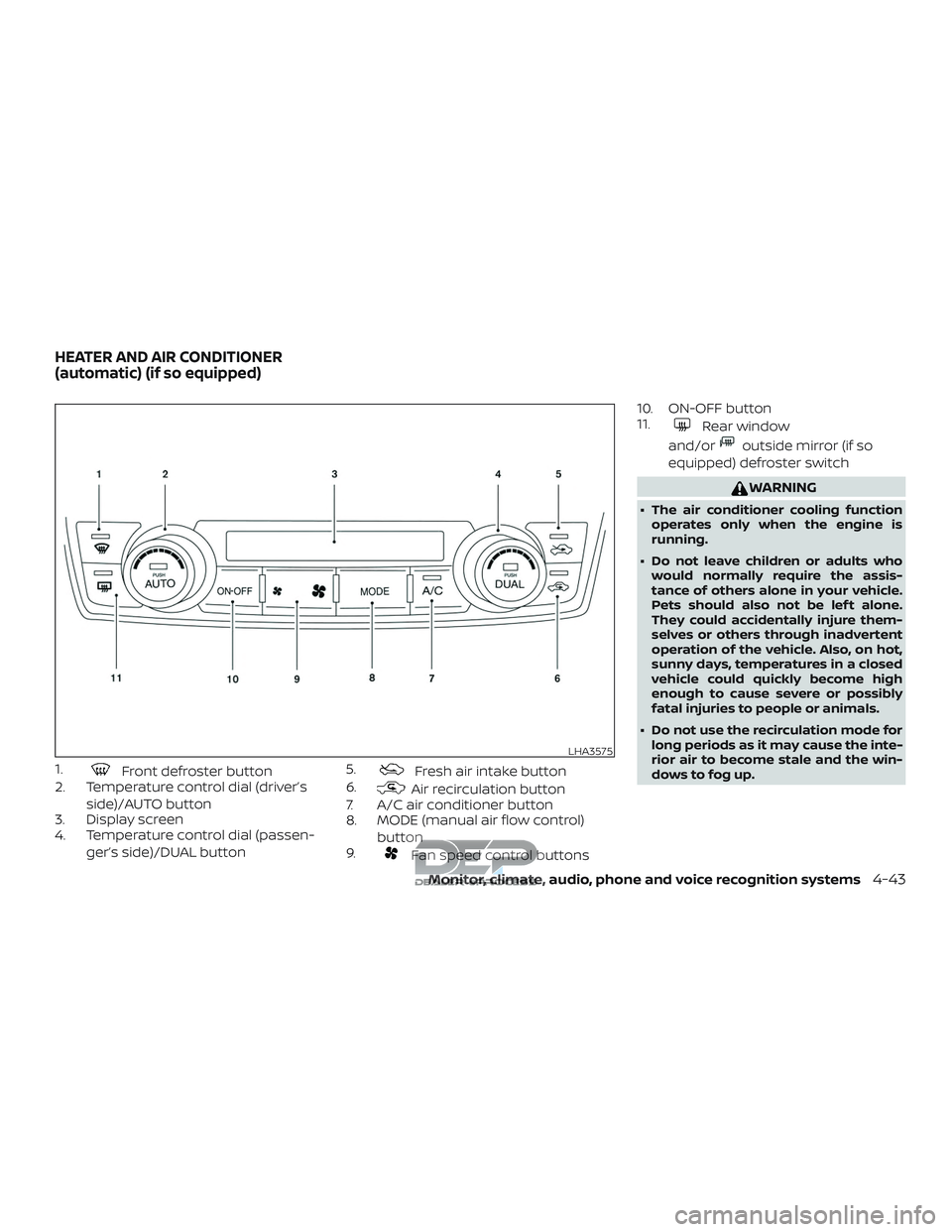NISSAN TITAN 2018 Owner´s Manual 1.Front defroster button
2. Temperature control dial (driver’s
side)/AUTO button
3. Display screen
4. Temperature control dial (passen-
ger’s side)/DUAL button 5.Fresh air intake button
6.
Air rec NISSAN TITAN 2018 Owner´s Manual 1.Front defroster button
2. Temperature control dial (driver’s
side)/AUTO button
3. Display screen
4. Temperature control dial (passen-
ger’s side)/DUAL button 5.Fresh air intake button
6.
Air rec