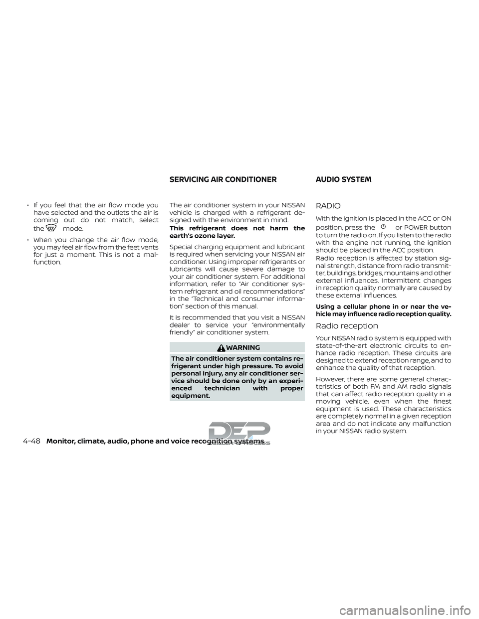 NISSAN TITAN 2018 Owner´s Manual ∙ If you feel that the air flow mode youhave selected and the outlets the air is
coming out do not match, select
the
mode.
∙ When you change the air flow mode, you may feel air flow from the feet NISSAN TITAN 2018 Owner´s Manual ∙ If you feel that the air flow mode youhave selected and the outlets the air is
coming out do not match, select
the
mode.
∙ When you change the air flow mode, you may feel air flow from the feet