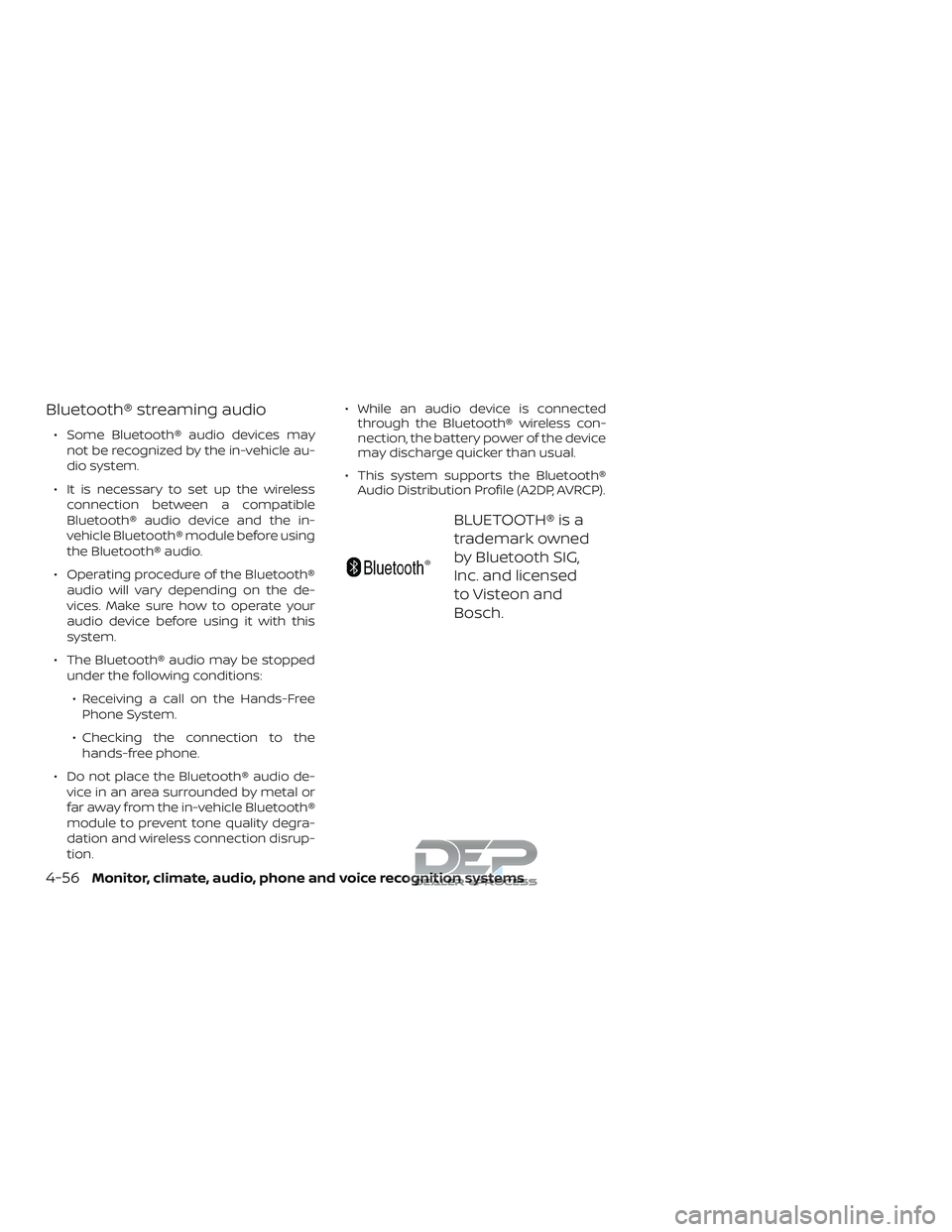 NISSAN TITAN 2018 Owner´s Manual Bluetooth® streaming audio
∙ Some Bluetooth® audio devices maynot be recognized by the in-vehicle au-
dio system.
∙ It is necessary to set up the wireless connection between a compatible
Bluetoo NISSAN TITAN 2018 Owner´s Manual Bluetooth® streaming audio
∙ Some Bluetooth® audio devices maynot be recognized by the in-vehicle au-
dio system.
∙ It is necessary to set up the wireless connection between a compatible
Bluetoo