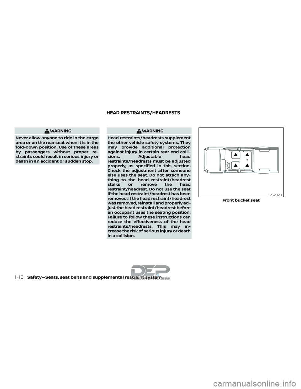 NISSAN TITAN 2018  Owner´s Manual WARNING
Never allow anyone to ride in the cargo
area or on the rear seat when it is in the
fold-down position. Use of these areas
by passengers without proper re-
straints could result in serious inju