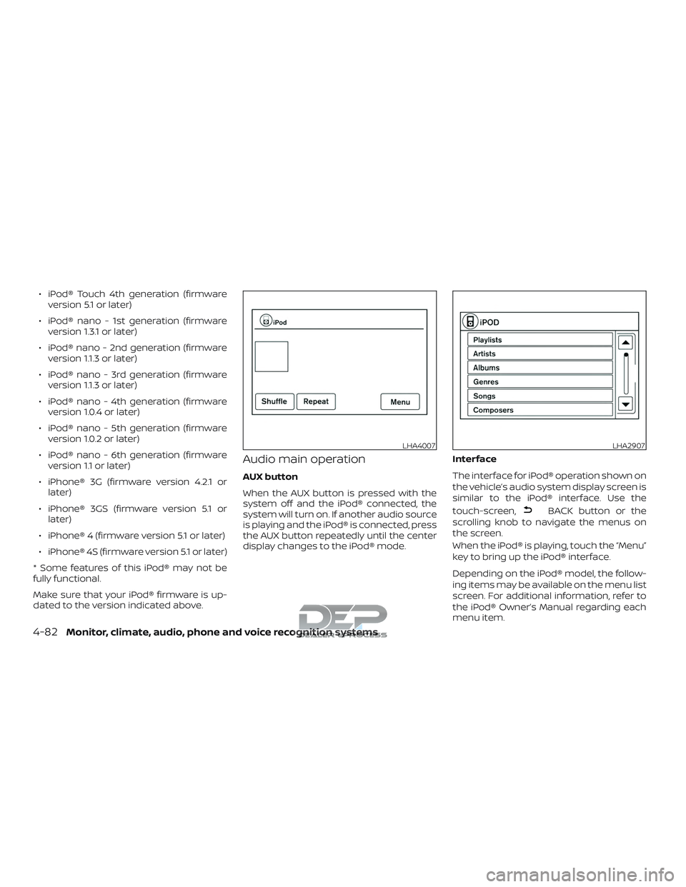 NISSAN TITAN 2018 Owner´s Manual ∙ iPod® Touch 4th generation (firmwareversion 5.1 or later)
∙ iPod® nano - 1st generation (firmware version 1.3.1 or later)
∙ iPod® nano - 2nd generation (firmware version 1.1.3 or later)
∙ NISSAN TITAN 2018 Owner´s Manual ∙ iPod® Touch 4th generation (firmwareversion 5.1 or later)
∙ iPod® nano - 1st generation (firmware version 1.3.1 or later)
∙ iPod® nano - 2nd generation (firmware version 1.1.3 or later)
∙