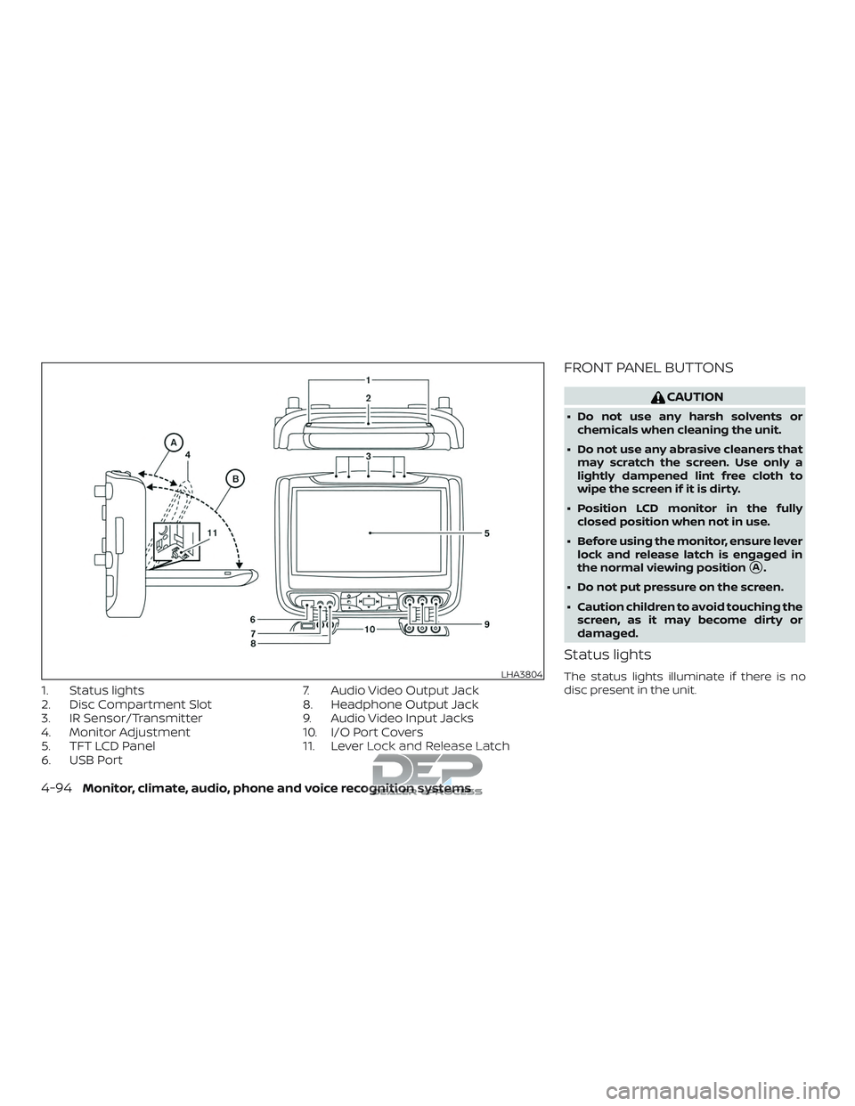 NISSAN TITAN 2018  Owner´s Manual 1. Status lights
2. Disc Compartment Slot
3. IR Sensor/Transmitter
4. Monitor Adjustment
5. TFT LCD Panel
6. USB Port7. Audio Video Output Jack
8. Headphone Output Jack
9. Audio Video Input Jacks
10. 