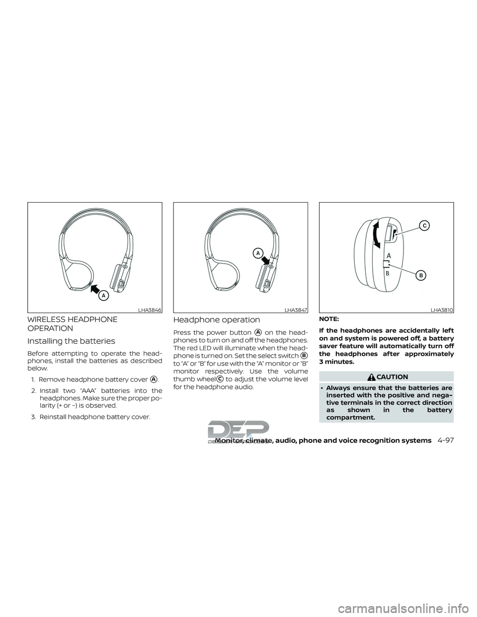 NISSAN TITAN 2018  Owner´s Manual WIRELESS HEADPHONE
OPERATION
Installing the batteries
Before attempting to operate the head-
phones, install the batteries as described
below.1. Remove headphone battery cover
A.
2. Install two “AA