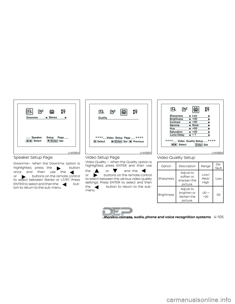 NISSAN TITAN 2018 Owner´s Manual Speaker Setup Page
Downmix— When the Downmix option is
highlighted, press the
button
once and then use the
orbuttons on the remote control
to select between Stereo or LT/RT. Press
ENTER to select an NISSAN TITAN 2018 Owner´s Manual Speaker Setup Page
Downmix— When the Downmix option is
highlighted, press the
button
once and then use the
orbuttons on the remote control
to select between Stereo or LT/RT. Press
ENTER to select an