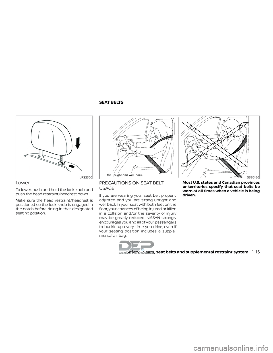 NISSAN TITAN 2018  Owner´s Manual Lower
To lower, push and hold the lock knob and
push the head restraint/headrest down.
Make sure the head restraint/headrest is
positioned so the lock knob is engaged in
the notch before riding in tha