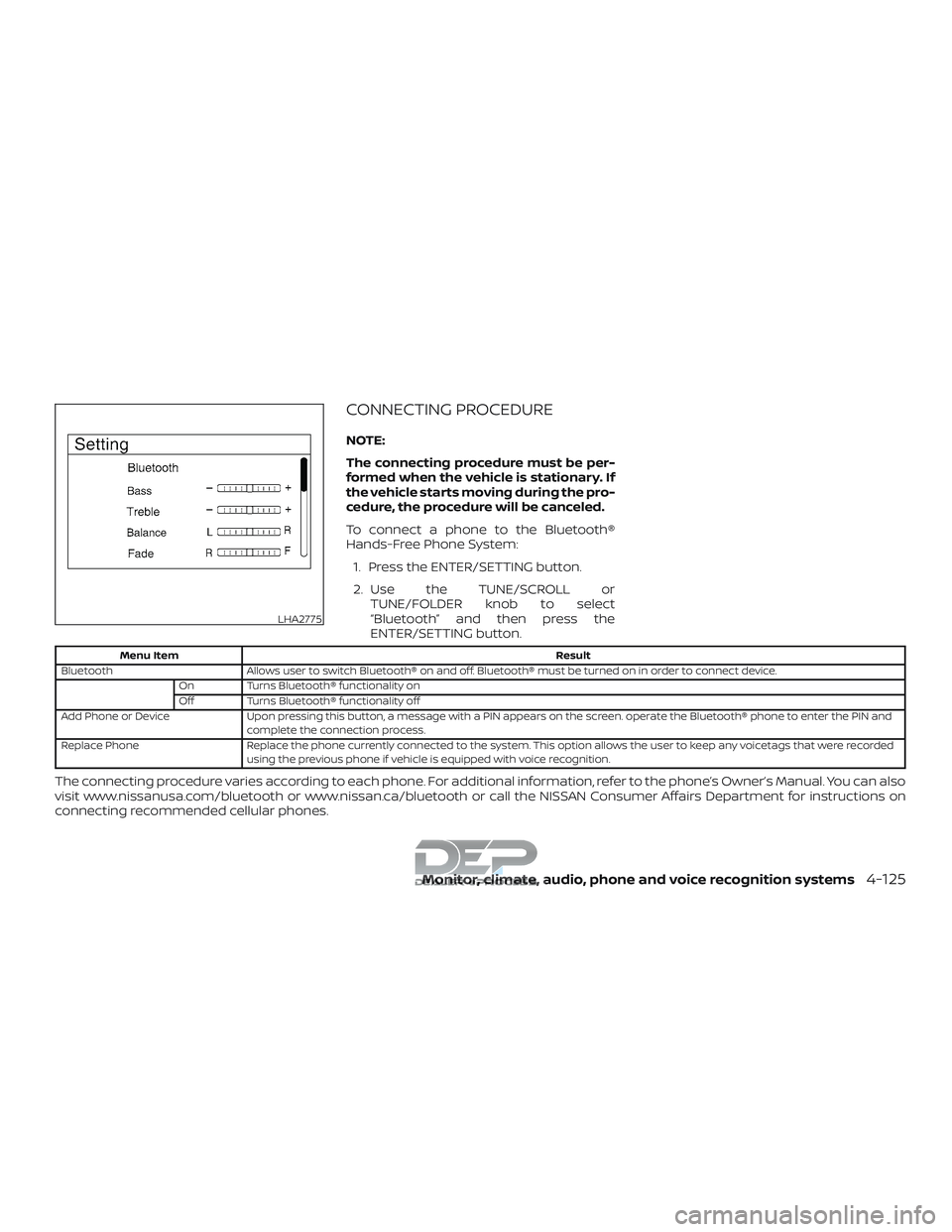 NISSAN TITAN 2018 Owner´s Manual CONNECTING PROCEDURE
NOTE:
The connecting procedure must be per-
formed when the vehicle is stationary. If
the vehicle starts moving during the pro-
cedure, the procedure will be canceled.
To connect NISSAN TITAN 2018 Owner´s Manual CONNECTING PROCEDURE
NOTE:
The connecting procedure must be per-
formed when the vehicle is stationary. If
the vehicle starts moving during the pro-
cedure, the procedure will be canceled.
To connect