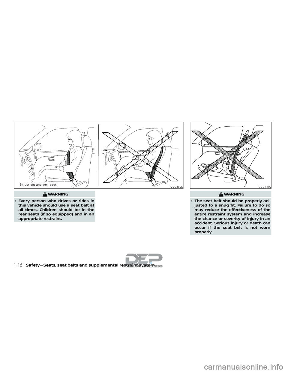 NISSAN TITAN 2018  Owner´s Manual WARNING
∙ Every person who drives or rides inthis vehicle should use a seat belt at
all times. Children should be in the
rear seats (if so equipped) and in an
appropriate restraint.
WARNING
∙ The 