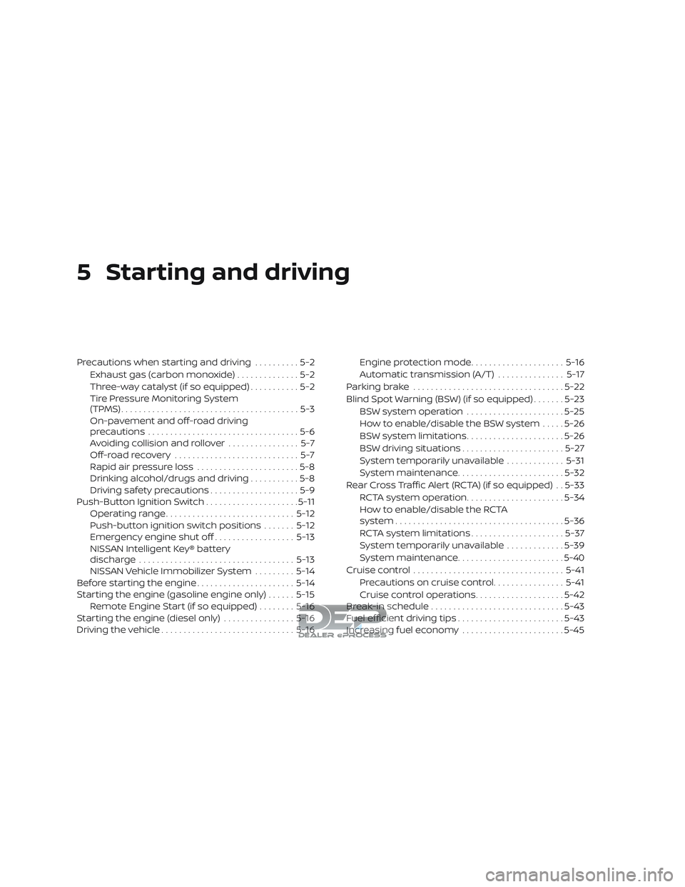NISSAN TITAN 2018 Owner´s Manual 5 Starting and driving
Precautions when starting and driving..........5-2
Exhaust gas (carbon monoxide) ..............5-2
Three-way catalyst (if so equipped) ...........5-2
Tire Pressure Monitoring Sy NISSAN TITAN 2018 Owner´s Manual 5 Starting and driving
Precautions when starting and driving..........5-2
Exhaust gas (carbon monoxide) ..............5-2
Three-way catalyst (if so equipped) ...........5-2
Tire Pressure Monitoring Sy