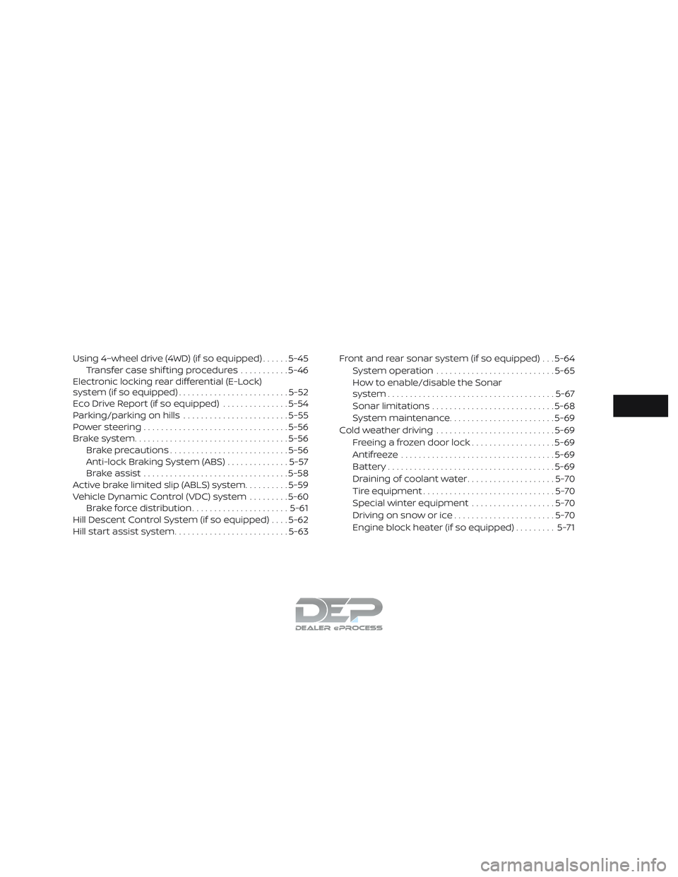 NISSAN TITAN 2018 Owner´s Manual Using 4–wheel drive (4WD) (if so equipped)......5-45
Transfer case shif ting procedures ...........5-46
Electronic locking rear differential (E-Lock)
system (if so equipped) ........................ NISSAN TITAN 2018 Owner´s Manual Using 4–wheel drive (4WD) (if so equipped)......5-45
Transfer case shif ting procedures ...........5-46
Electronic locking rear differential (E-Lock)
system (if so equipped) ........................