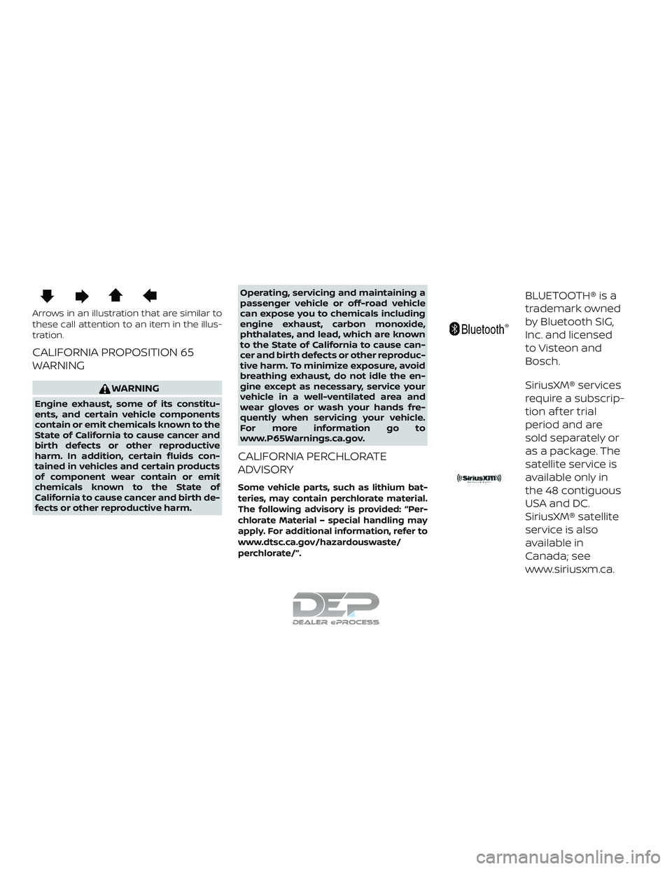 NISSAN TITAN 2018 Owner´s Manual Arrows in an illustration that are similar to
these call attention to an item in the illus-
tration.
CALIFORNIA PROPOSITION 65
WARNING
WARNING
Engine exhaust, some of its constitu-
ents, and certain v NISSAN TITAN 2018 Owner´s Manual Arrows in an illustration that are similar to
these call attention to an item in the illus-
tration.
CALIFORNIA PROPOSITION 65
WARNING
WARNING
Engine exhaust, some of its constitu-
ents, and certain v