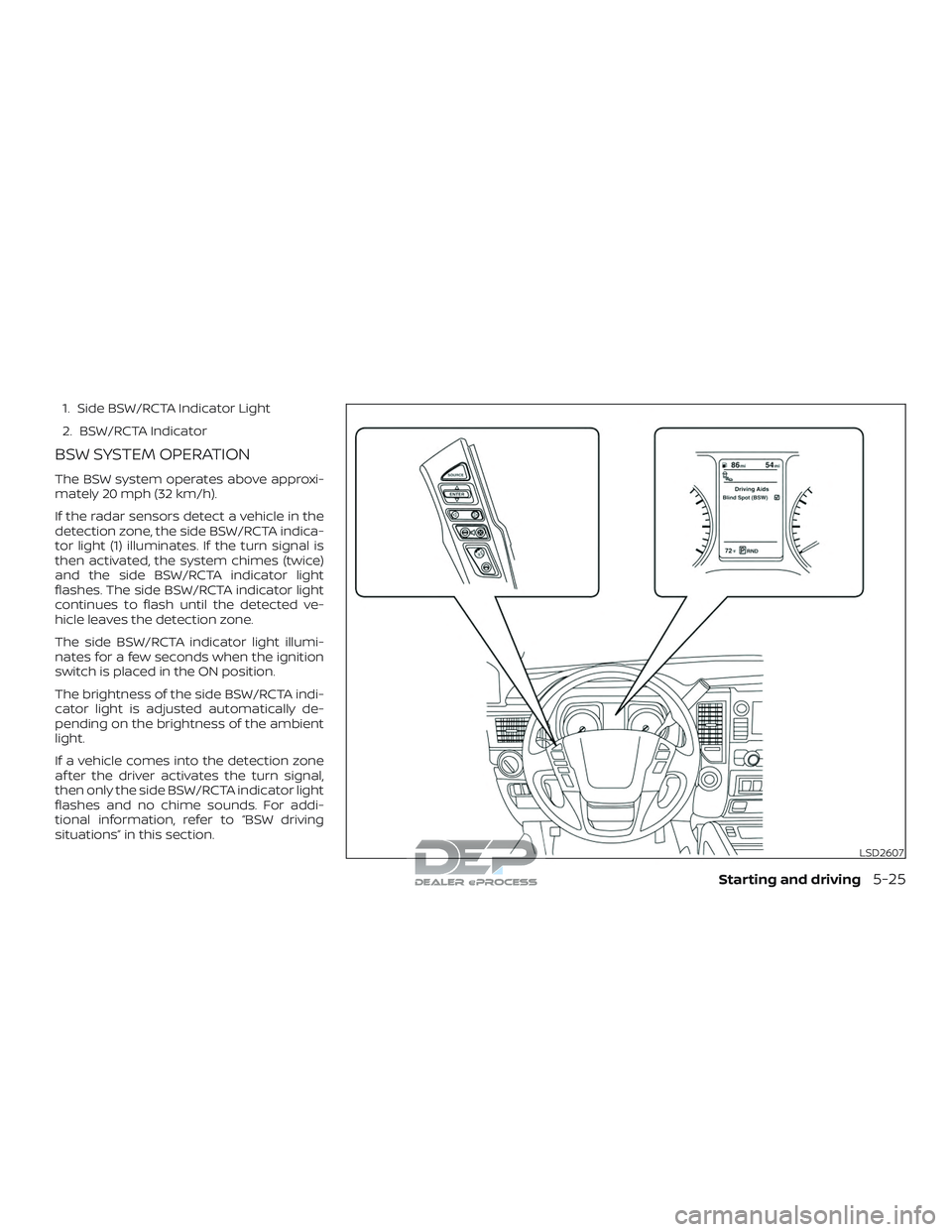 NISSAN TITAN 2018 Owner´s Manual 1. Side BSW/RCTA Indicator Light
2. BSW/RCTA Indicator
BSW SYSTEM OPERATION
The BSW system operates above approxi-
mately 20 mph (32 km/h).
If the radar sensors detect a vehicle in the
detection zone, NISSAN TITAN 2018 Owner´s Manual 1. Side BSW/RCTA Indicator Light
2. BSW/RCTA Indicator
BSW SYSTEM OPERATION
The BSW system operates above approxi-
mately 20 mph (32 km/h).
If the radar sensors detect a vehicle in the
detection zone,