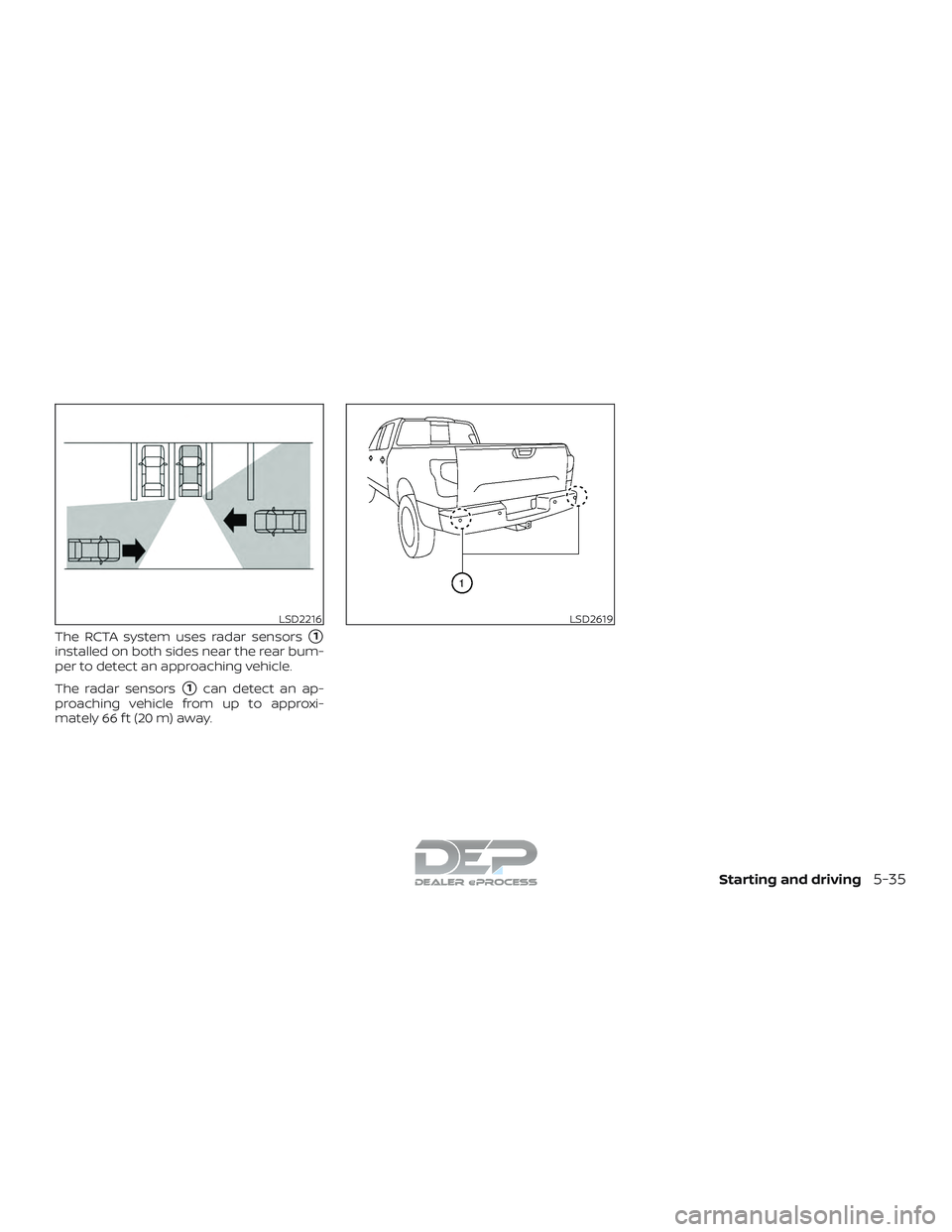 NISSAN TITAN 2018  Owner´s Manual The RCTA system uses radar sensors1
installed on both sides near the rear bum-
per to detect an approaching vehicle.
The radar sensors
1can detect an ap-
proaching vehicle from up to approxi-
mately