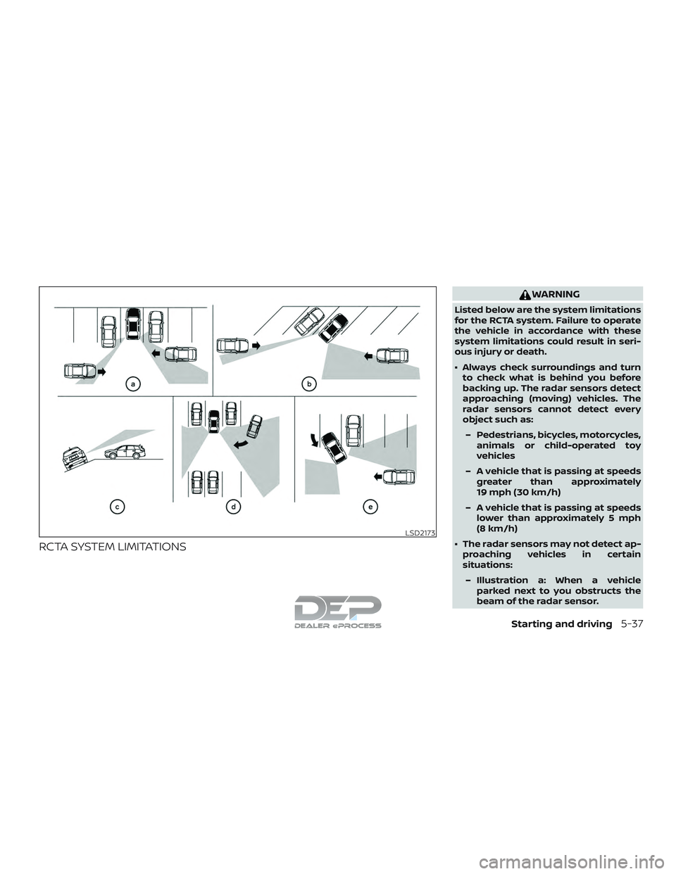 NISSAN TITAN 2018  Owner´s Manual RCTA SYSTEM LIMITATIONS
WARNING
Listed below are the system limitations
for the RCTA system. Failure to operate
the vehicle in accordance with these
system limitations could result in seri-
ous injury