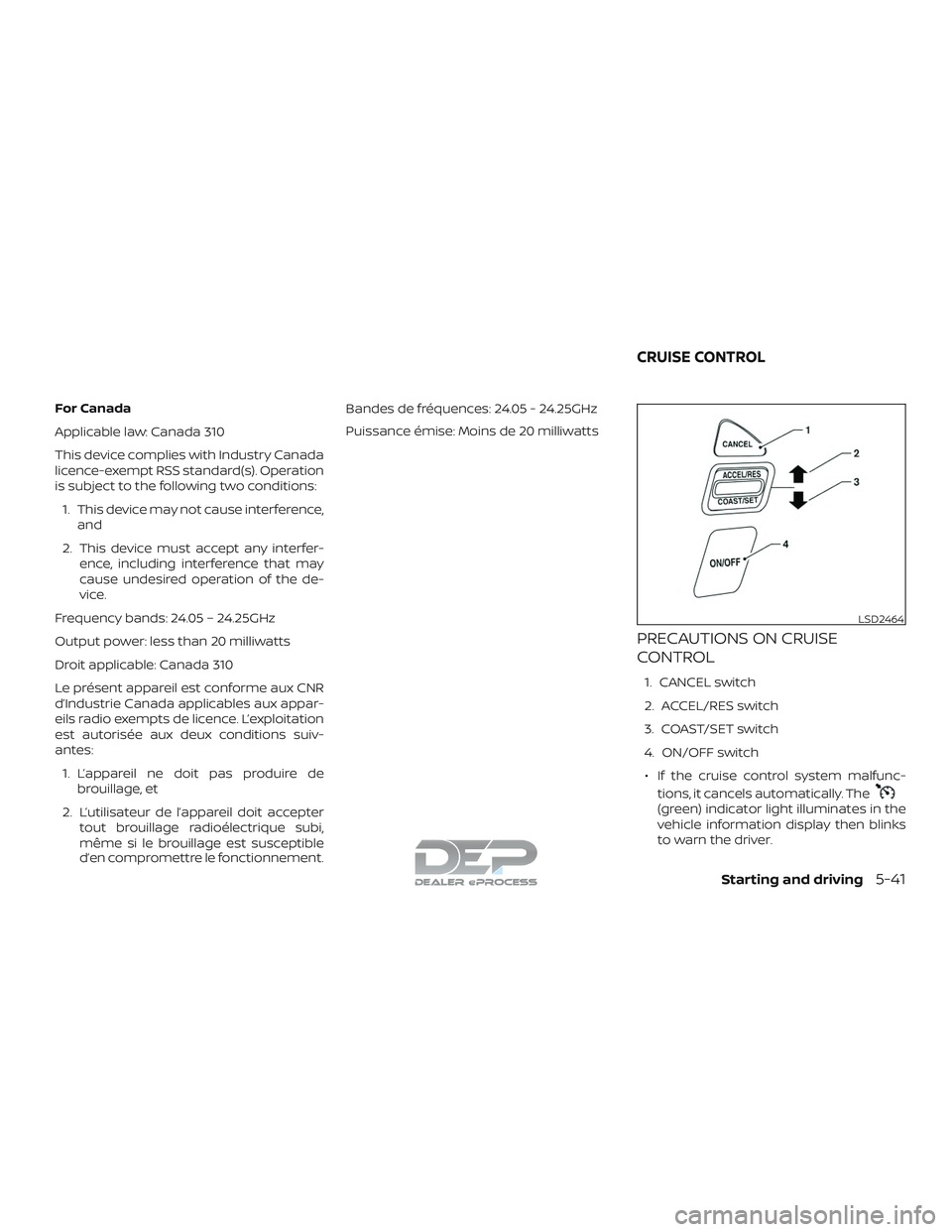 NISSAN TITAN 2018  Owner´s Manual For Canada
Applicable law: Canada 310
This device complies with Industry Canada
licence-exempt RSS standard(s). Operation
is subject to the following two conditions:1. This device may not cause interf