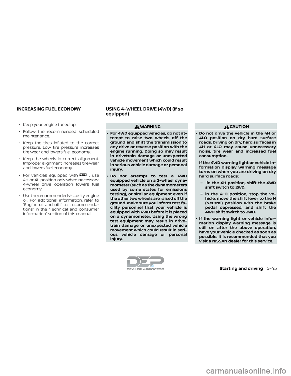 NISSAN TITAN 2018 Owner´s Manual ∙ Keep your engine tuned up.
∙ Follow the recommended scheduledmaintenance.
∙ Keep the tires inflated to the correct pressure. Low tire pressure increases
tire wear and lowers fuel economy.
∙ NISSAN TITAN 2018 Owner´s Manual ∙ Keep your engine tuned up.
∙ Follow the recommended scheduledmaintenance.
∙ Keep the tires inflated to the correct pressure. Low tire pressure increases
tire wear and lowers fuel economy.
∙