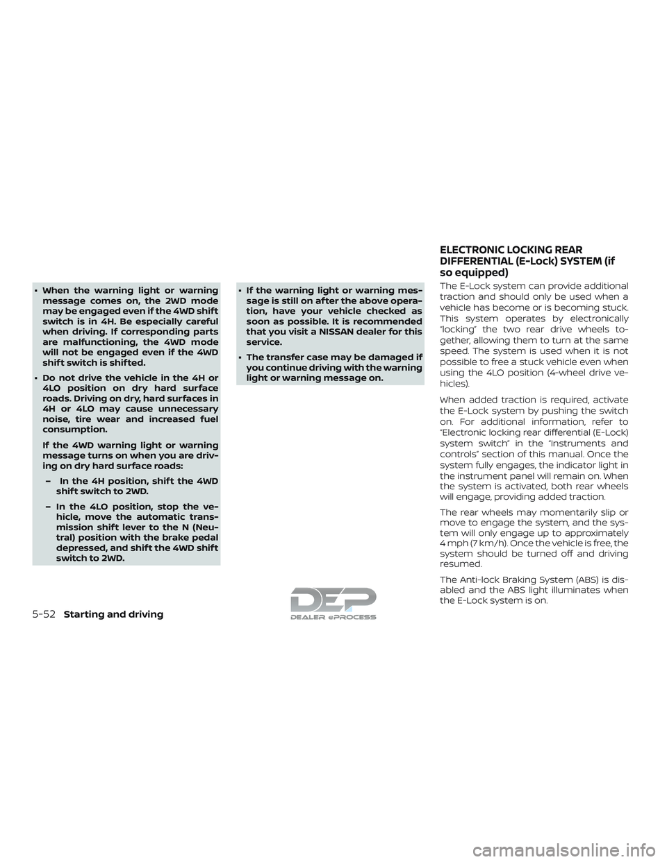NISSAN TITAN 2018 Owner´s Manual ∙ When the warning light or warningmessage comes on, the 2WD mode
may be engaged even if the 4WD shif t
switch is in 4H. Be especially careful
when driving. If corresponding parts
are malfunctioning NISSAN TITAN 2018 Owner´s Manual ∙ When the warning light or warningmessage comes on, the 2WD mode
may be engaged even if the 4WD shif t
switch is in 4H. Be especially careful
when driving. If corresponding parts
are malfunctioning