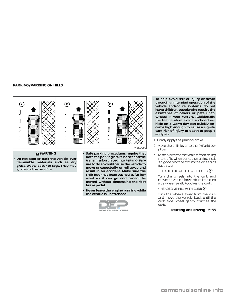 NISSAN TITAN 2018  Owner´s Manual WARNING
∙ Do not stop or park the vehicle overflammable materials such as dry
grass, waste paper or rags. They may
ignite and cause a fire. ∙ Safe parking procedures require that
both the parking 