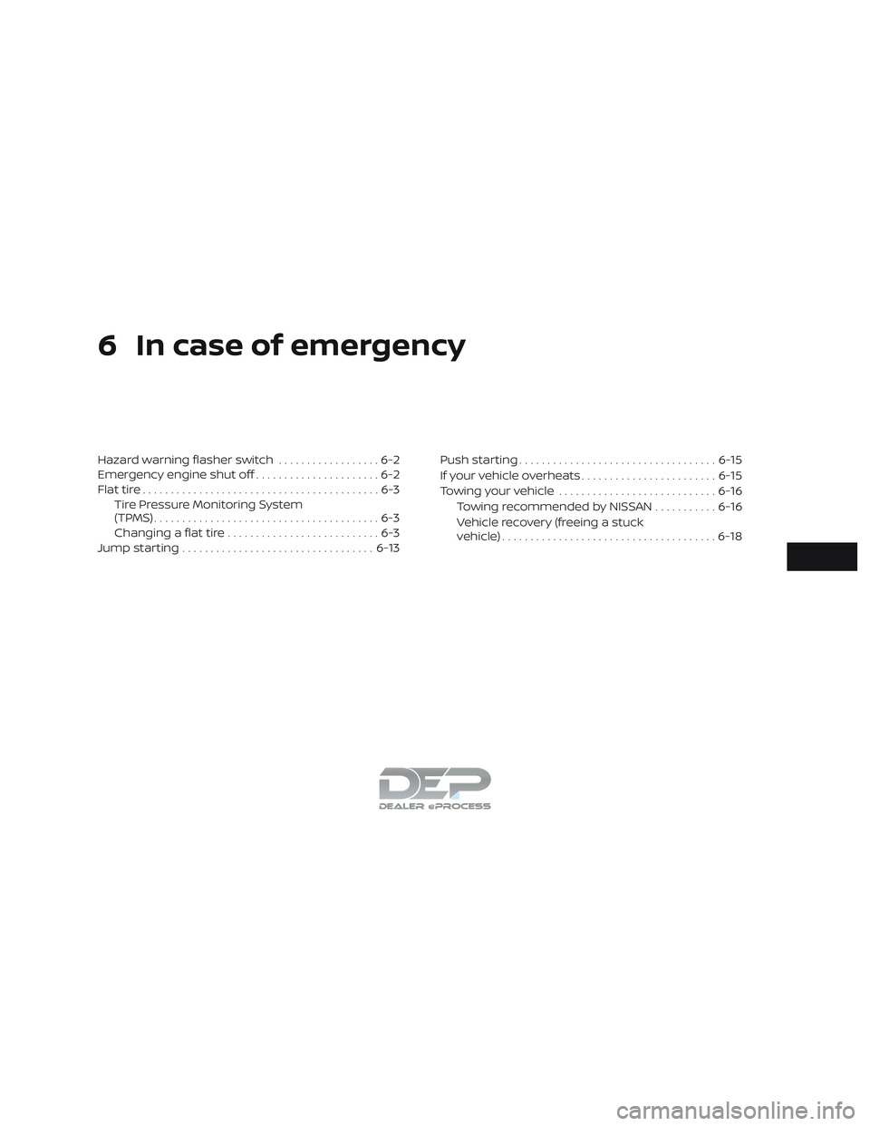 NISSAN TITAN 2018  Owner´s Manual 6 In case of emergency
Hazard warning flasher switch..................6-2
Emergency engine shut off ......................6-2
Flat tire ..........................................6-3
Tire Pressure Moni