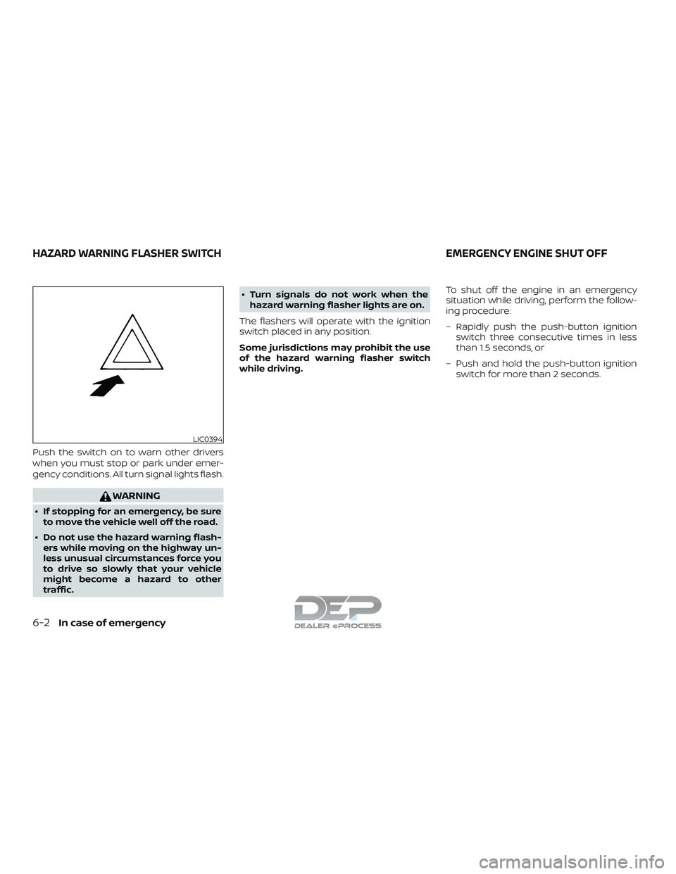 NISSAN TITAN 2018  Owner´s Manual Push the switch on to warn other drivers
when you must stop or park under emer-
gency conditions. All turn signal lights flash.
WARNING
∙ If stopping for an emergency, be sureto move the vehicle wel