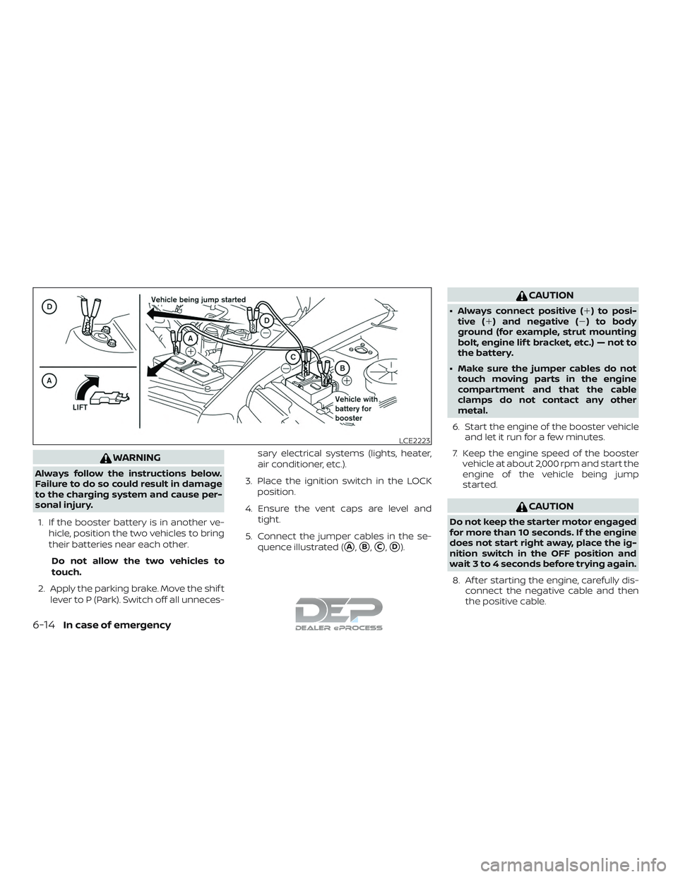 NISSAN TITAN 2018  Owner´s Manual WARNING
Always follow the instructions below.
Failure to do so could result in damage
to the charging system and cause per-
sonal injury.1. If the booster battery is in another ve- hicle, position the
