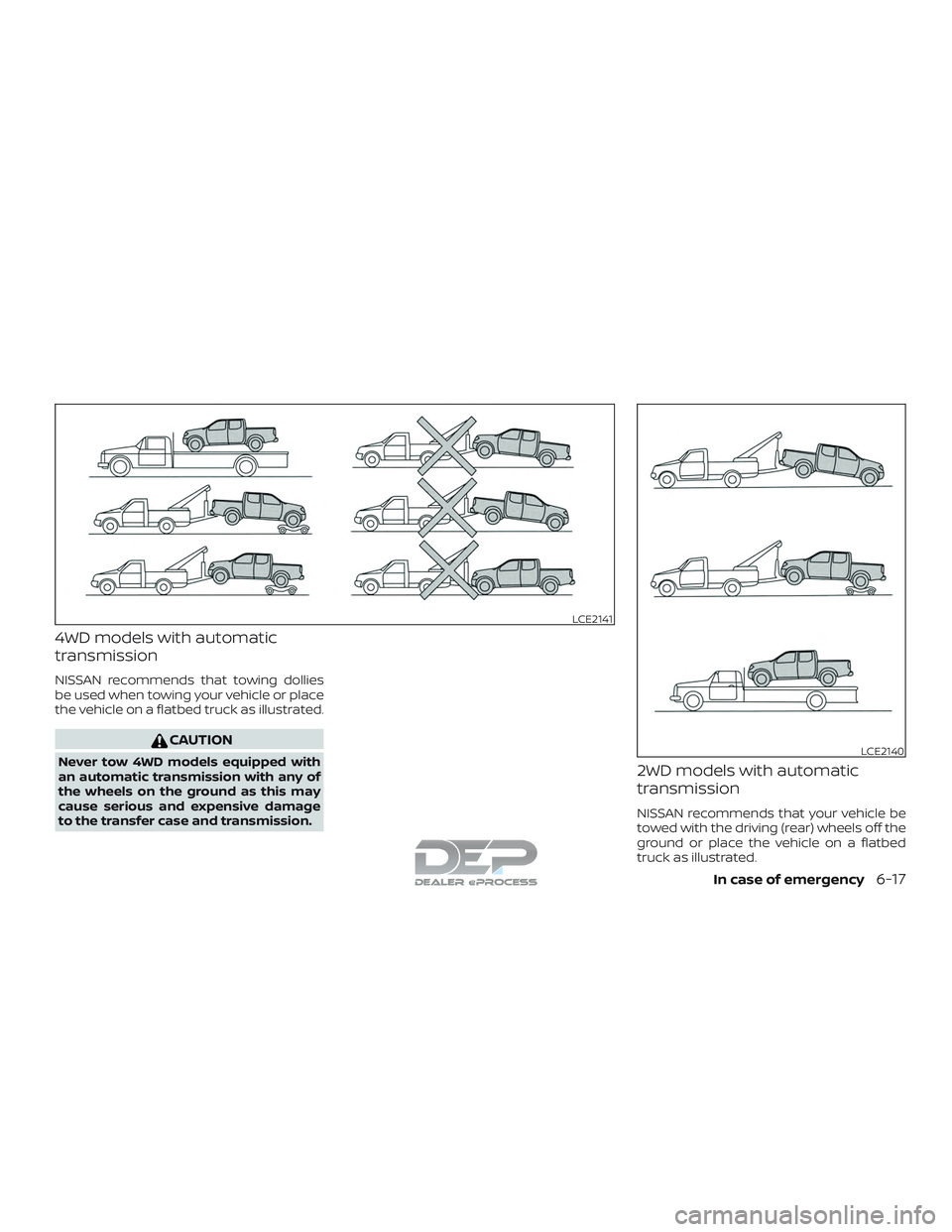 NISSAN TITAN 2018  Owner´s Manual 4WD models with automatic
transmission
NISSAN recommends that towing dollies
be used when towing your vehicle or place
the vehicle on a flatbed truck as illustrated.
CAUTION
Never tow 4WD models equip