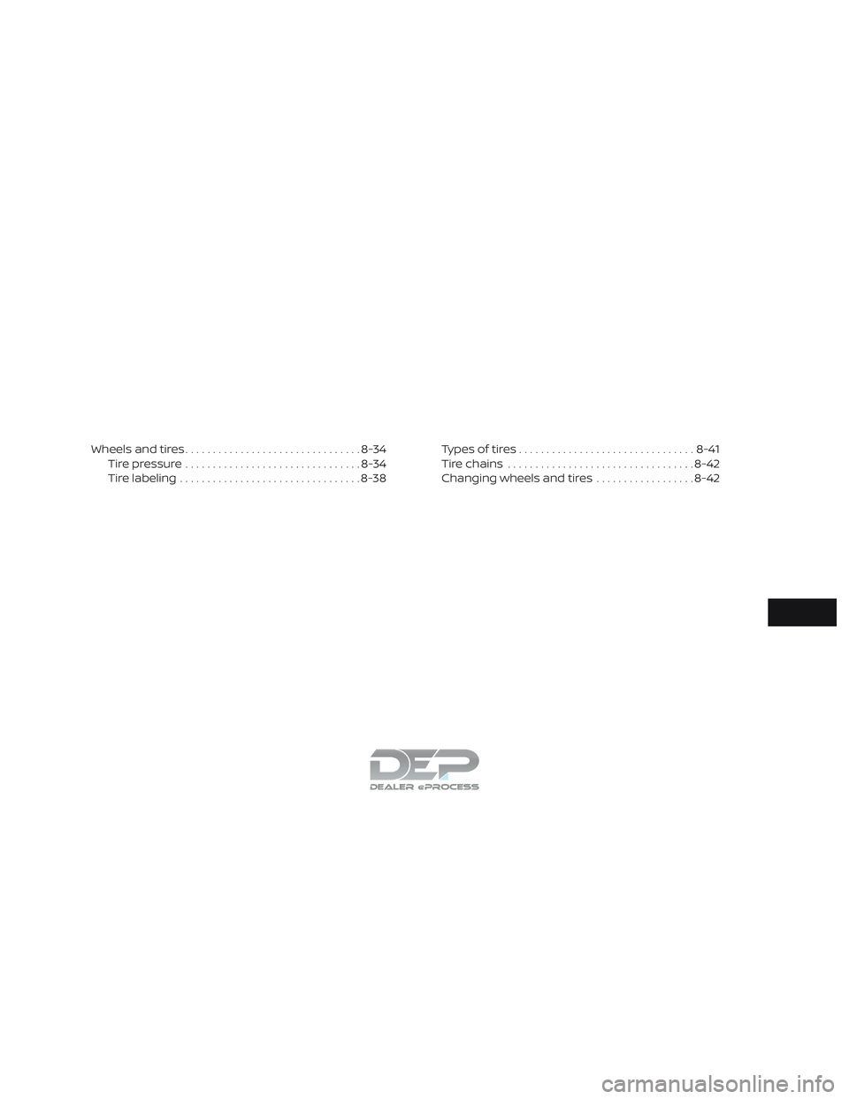 NISSAN TITAN 2018 Owner´s Manual Wheels and tires................................ 8-34
Tire pressure ................................ 8-34
Tire labeling ................................. 8-38Types of tires
........................... NISSAN TITAN 2018 Owner´s Manual Wheels and tires................................ 8-34
Tire pressure ................................ 8-34
Tire labeling ................................. 8-38Types of tires
...........................