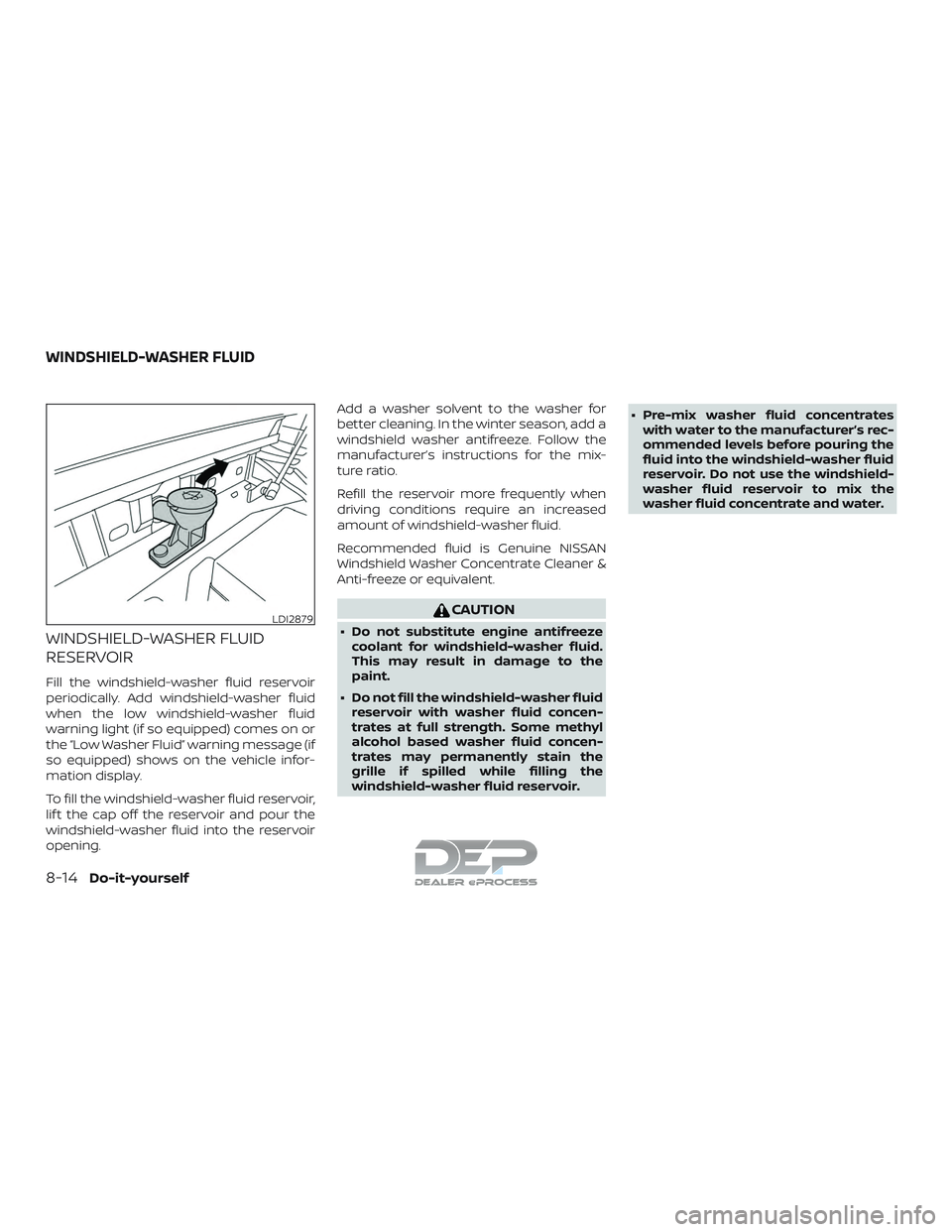 NISSAN TITAN 2018  Owner´s Manual WINDSHIELD-WASHER FLUID
RESERVOIR
Fill the windshield-washer fluid reservoir
periodically. Add windshield-washer fluid
when the low windshield-washer fluid
warning light (if so equipped) comes on or
t