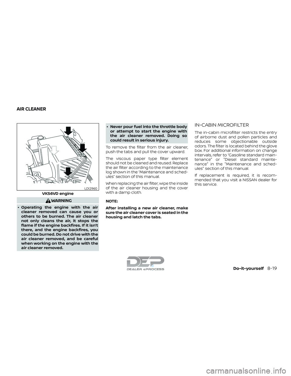NISSAN TITAN 2018  Owner´s Manual WARNING
∙ Operating the engine with the aircleaner removed can cause you or
others to be burned. The air cleaner
not only cleans the air, it stops the
flame if the engine backfires. If it isn’t
th
