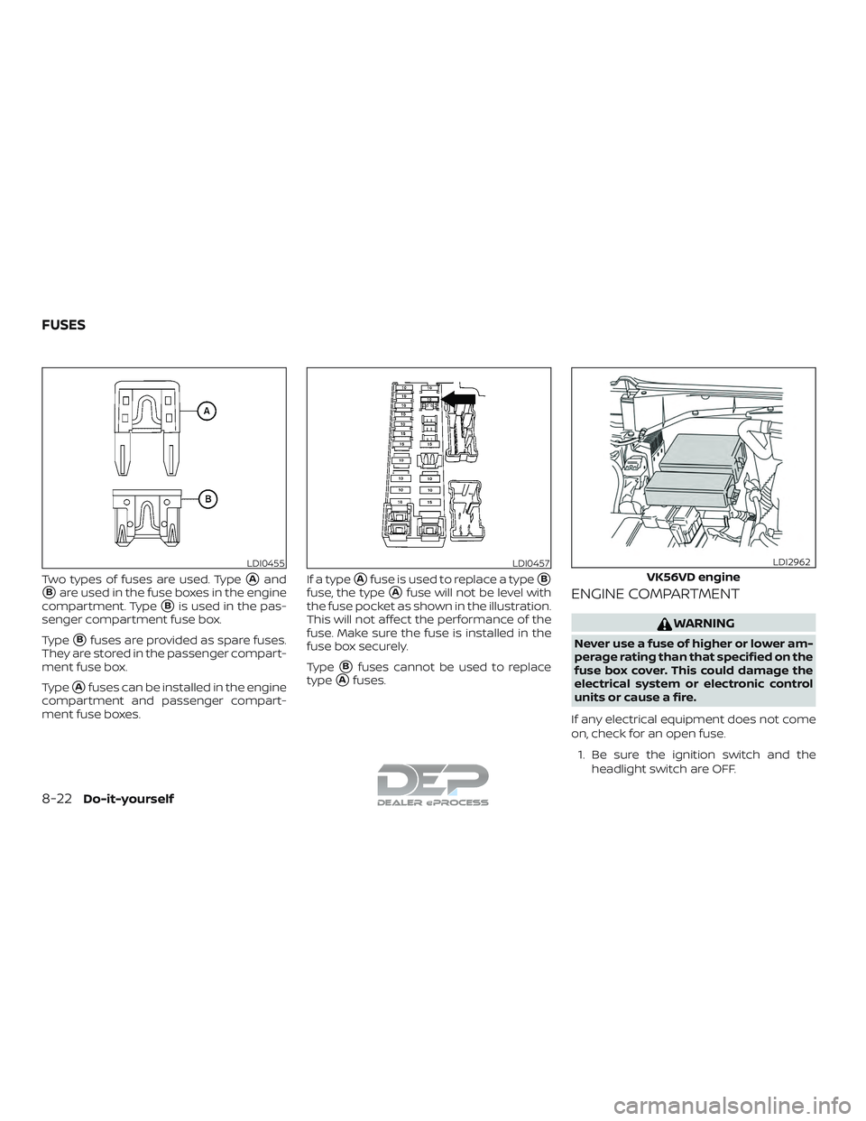 NISSAN TITAN 2018  Owner´s Manual Two types of fuses are used. TypeAand
Bare used in the fuse boxes in the engine
compartment. Type
Bis used in the pas-
senger compartment fuse box.
Type
Bfuses are provided as spare fuses.
They ar