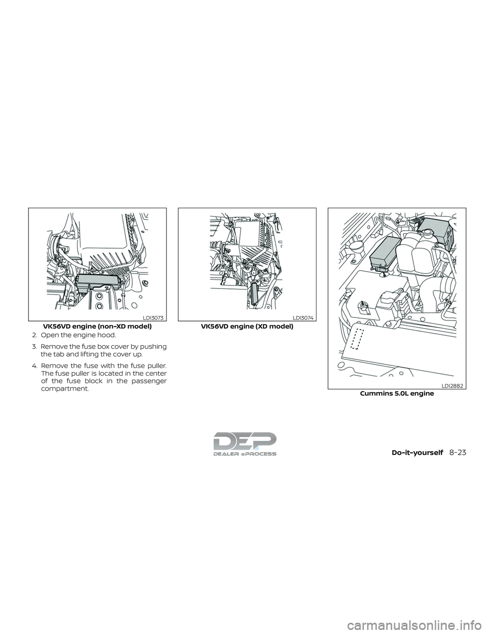 NISSAN TITAN 2018  Owner´s Manual 2. Open the engine hood.
3. Remove the fuse box cover by pushingthe tab and lif ting the cover up.
4. Remove the fuse with the fuse puller. The fuse puller is located in the center
of the fuse block i