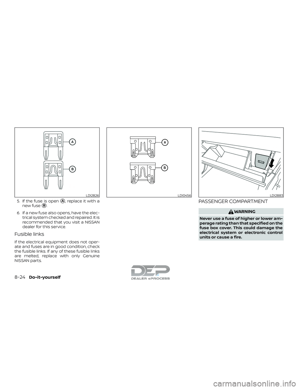 NISSAN TITAN 2018  Owner´s Manual 5. If the fuse is openA, replace it with a
new fuse
B.
6. If a new fuse also opens, have the elec- trical system checked and repaired. It is
recommended that you visit a NISSAN
dealer for this servi