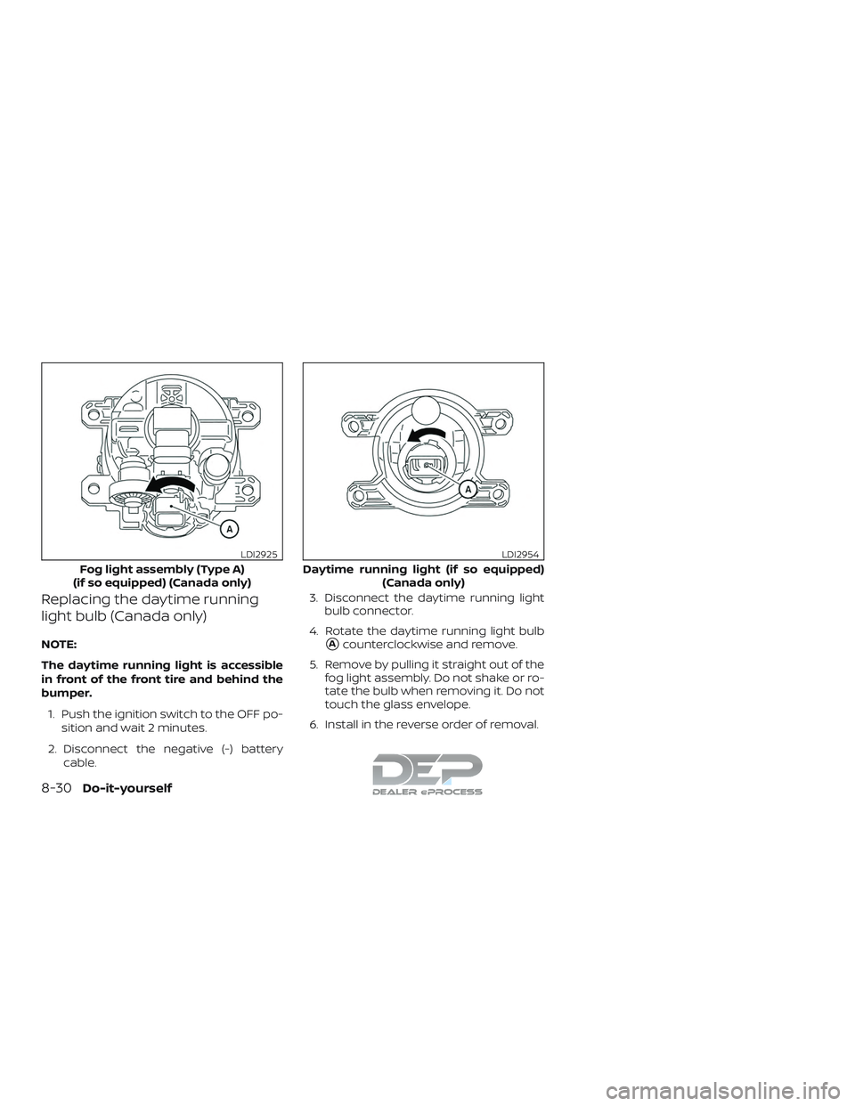 NISSAN TITAN 2018  Owner´s Manual Replacing the daytime running
light bulb (Canada only)
NOTE:
The daytime running light is accessible
in front of the front tire and behind the
bumper.1. Push the ignition switch to the OFF po- sition 