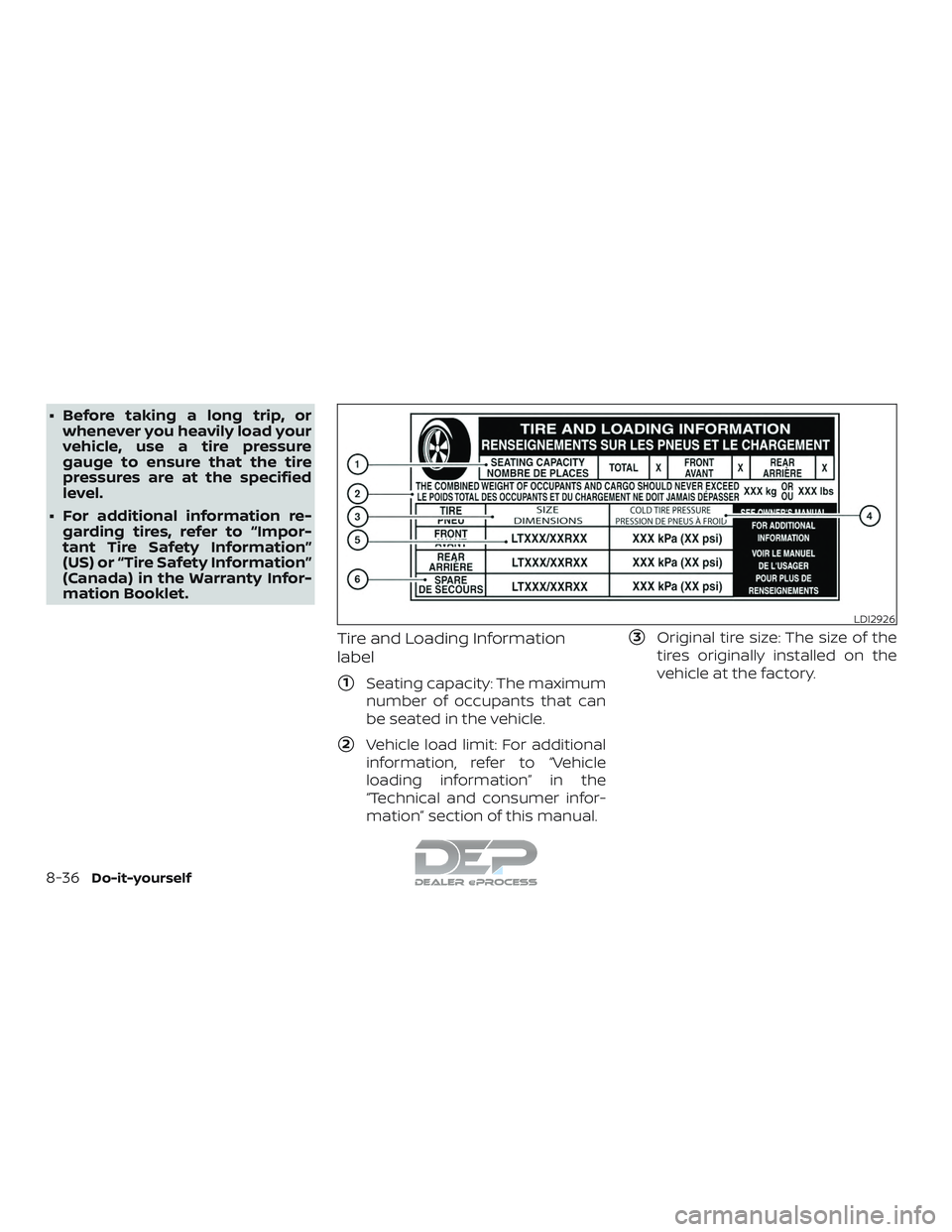 NISSAN TITAN 2018  Owner´s Manual ∙ Before taking a long trip, orwhenever you heavily load your
vehicle, use a tire pressure
gauge to ensure that the tire
pressures are at the specified
level.
∙ For additional information re- gard