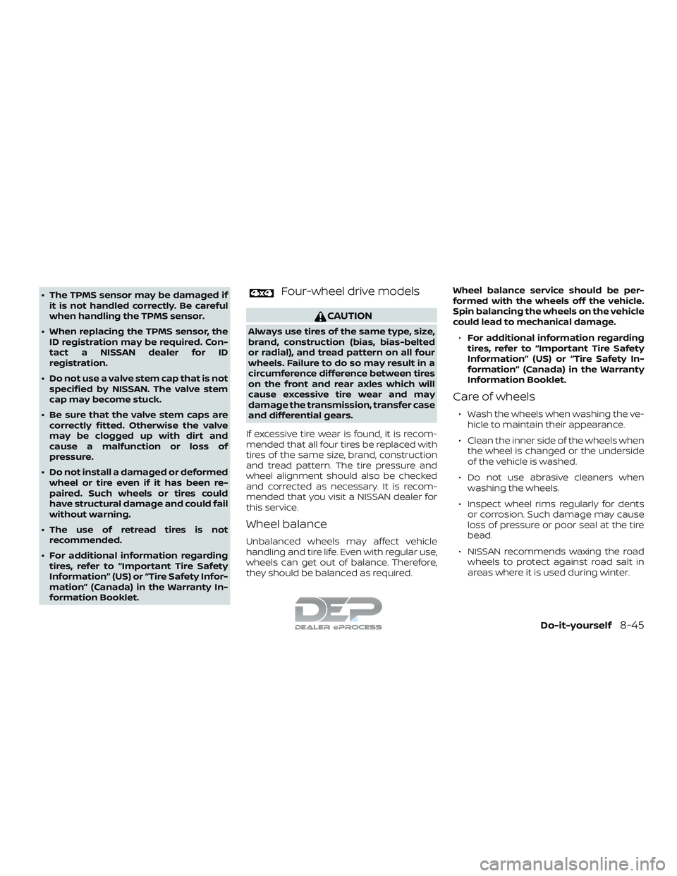 NISSAN TITAN 2018 Owner´s Manual ∙ The TPMS sensor may be damaged ifit is not handled correctly. Be careful
when handling the TPMS sensor.
∙ When replacing the TPMS sensor, the ID registration may be required. Con-
tact a NISSAN NISSAN TITAN 2018 Owner´s Manual ∙ The TPMS sensor may be damaged ifit is not handled correctly. Be careful
when handling the TPMS sensor.
∙ When replacing the TPMS sensor, the ID registration may be required. Con-
tact a NISSAN