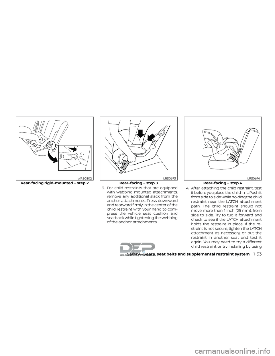 NISSAN TITAN 2018 Owner´s Manual 3. For child restraints that are equippedwith webbing-mounted attachments,
remove any additional slack from the
anchor attachments. Press downward
and rearward firmly in the center of the
child restra NISSAN TITAN 2018 Owner´s Manual 3. For child restraints that are equippedwith webbing-mounted attachments,
remove any additional slack from the
anchor attachments. Press downward
and rearward firmly in the center of the
child restra