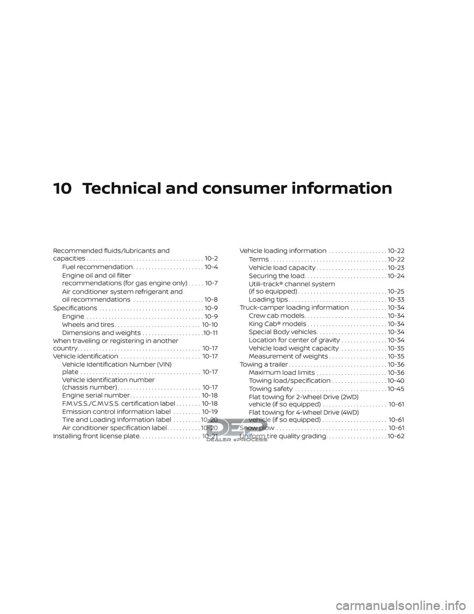 NISSAN TITAN 2018 Owner´s Manual 10 Technical and consumer information
Recommended fluids/lubricants and
capacities...................................... 10-2
Fuel recommendation ....................... 10-4
Engine oil and oil filter NISSAN TITAN 2018 Owner´s Manual 10 Technical and consumer information
Recommended fluids/lubricants and
capacities...................................... 10-2
Fuel recommendation ....................... 10-4
Engine oil and oil filter