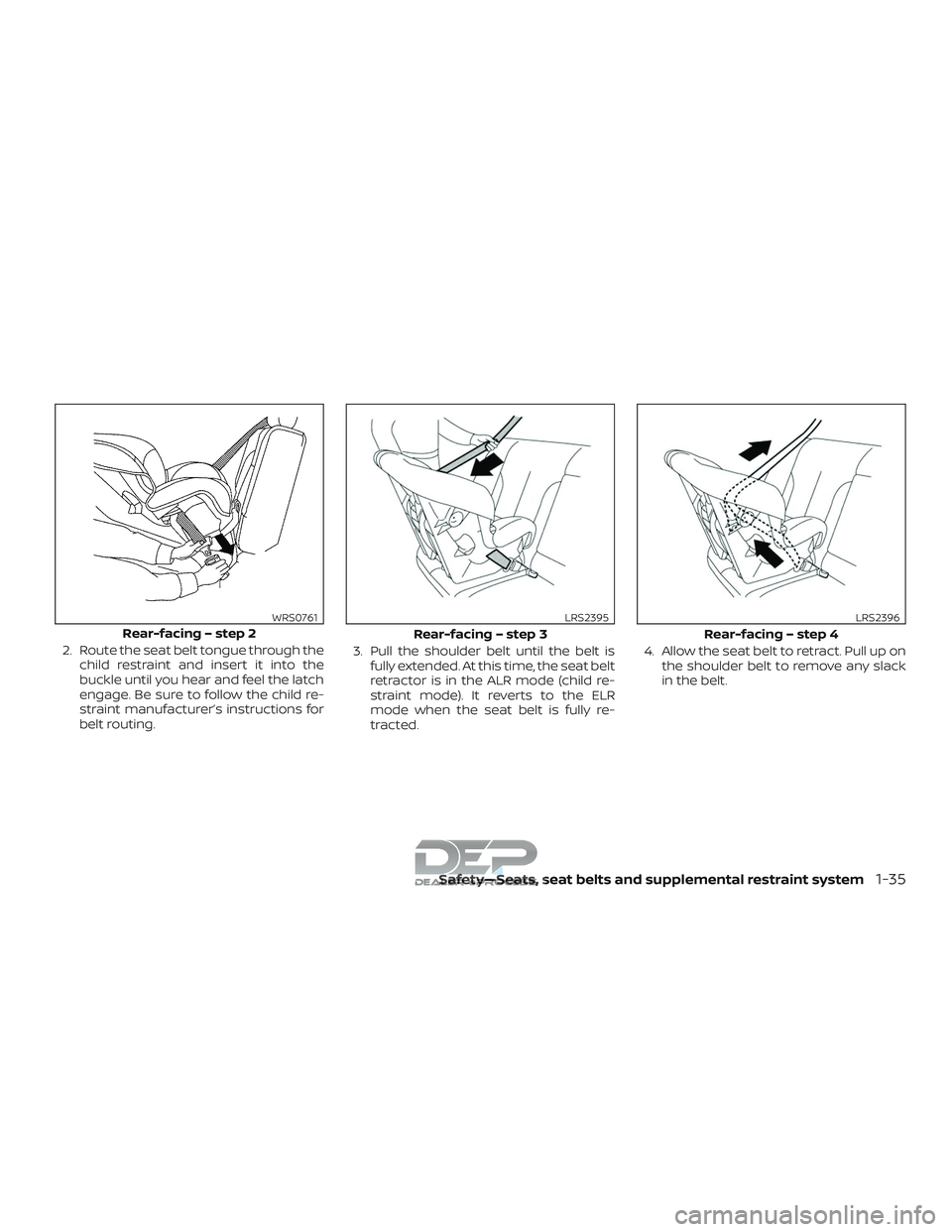 NISSAN TITAN 2018 Owner´s Manual 2. Route the seat belt tongue through thechild restraint and insert it into the
buckle until you hear and feel the latch
engage. Be sure to follow the child re-
straint manufacturer’s instructions f NISSAN TITAN 2018 Owner´s Manual 2. Route the seat belt tongue through thechild restraint and insert it into the
buckle until you hear and feel the latch
engage. Be sure to follow the child re-
straint manufacturer’s instructions f