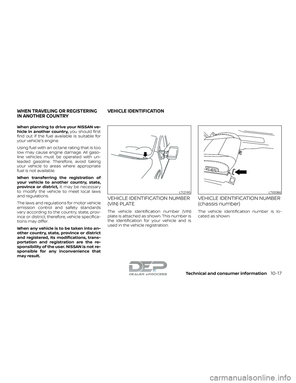 NISSAN TITAN 2018 Owner´s Manual When planning to drive your NISSAN ve-
hicle in another country,you should first
find out if the fuel available is suitable for
your vehicle's engine.
Using fuel with an octane rating that is too
NISSAN TITAN 2018 Owner´s Manual When planning to drive your NISSAN ve-
hicle in another country,you should first
find out if the fuel available is suitable for
your vehicle's engine.
Using fuel with an octane rating that is too