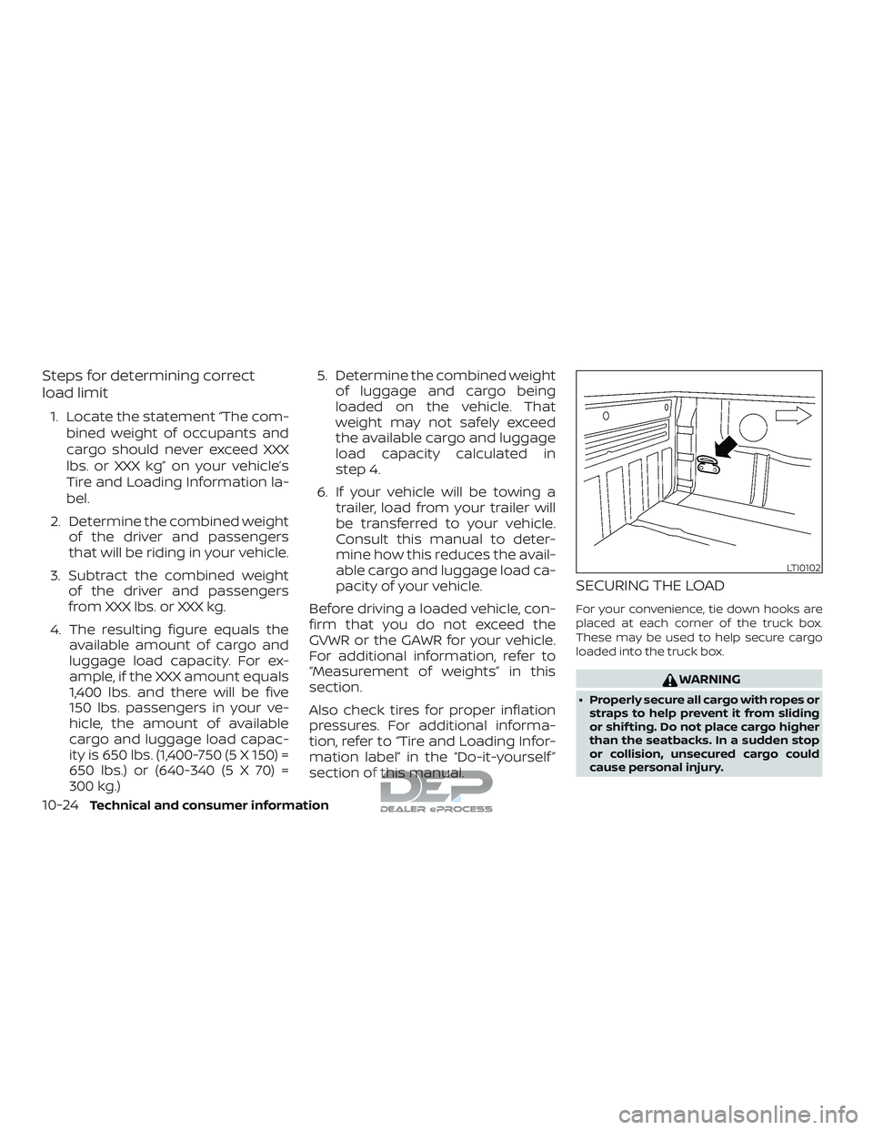 NISSAN TITAN 2018 Owner´s Manual Steps for determining correct
load limit
1. Locate the statement “The com-bined weight of occupants and
cargo should never exceed XXX
lbs. or XXX kg” on your vehicle’s
Tire and Loading Informati NISSAN TITAN 2018 Owner´s Manual Steps for determining correct
load limit
1. Locate the statement “The com-bined weight of occupants and
cargo should never exceed XXX
lbs. or XXX kg” on your vehicle’s
Tire and Loading Informati